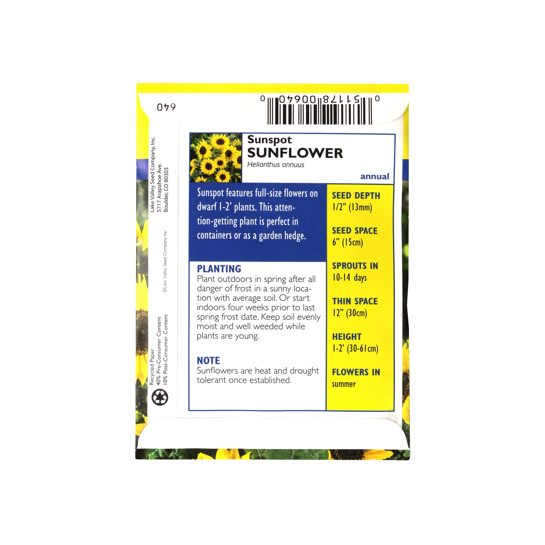 Lake Valley Seed Sunflower Sunspot Flower, 2g