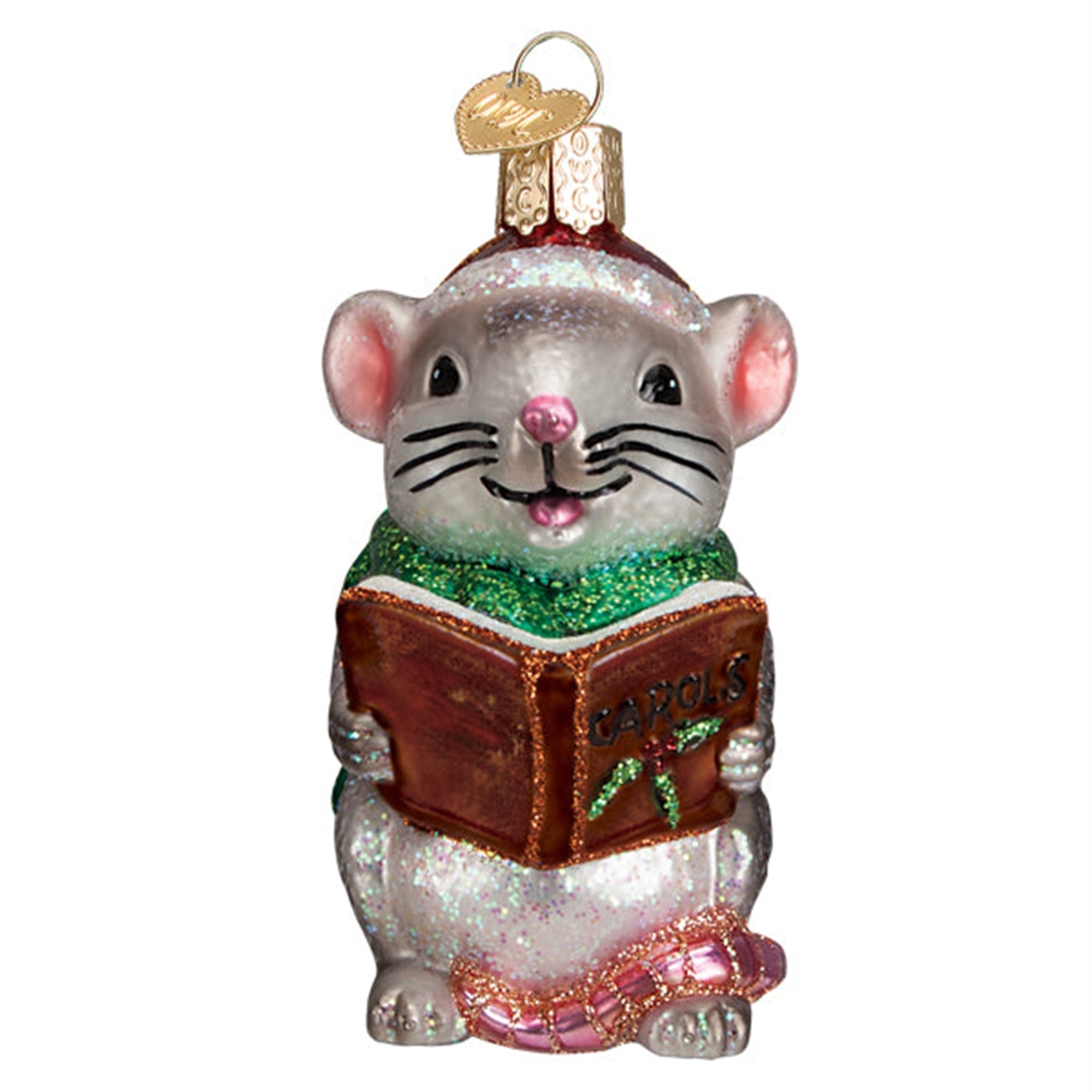 Old World Christmas Blown Glass Christmas Ornament, Grey Caroling Mouse