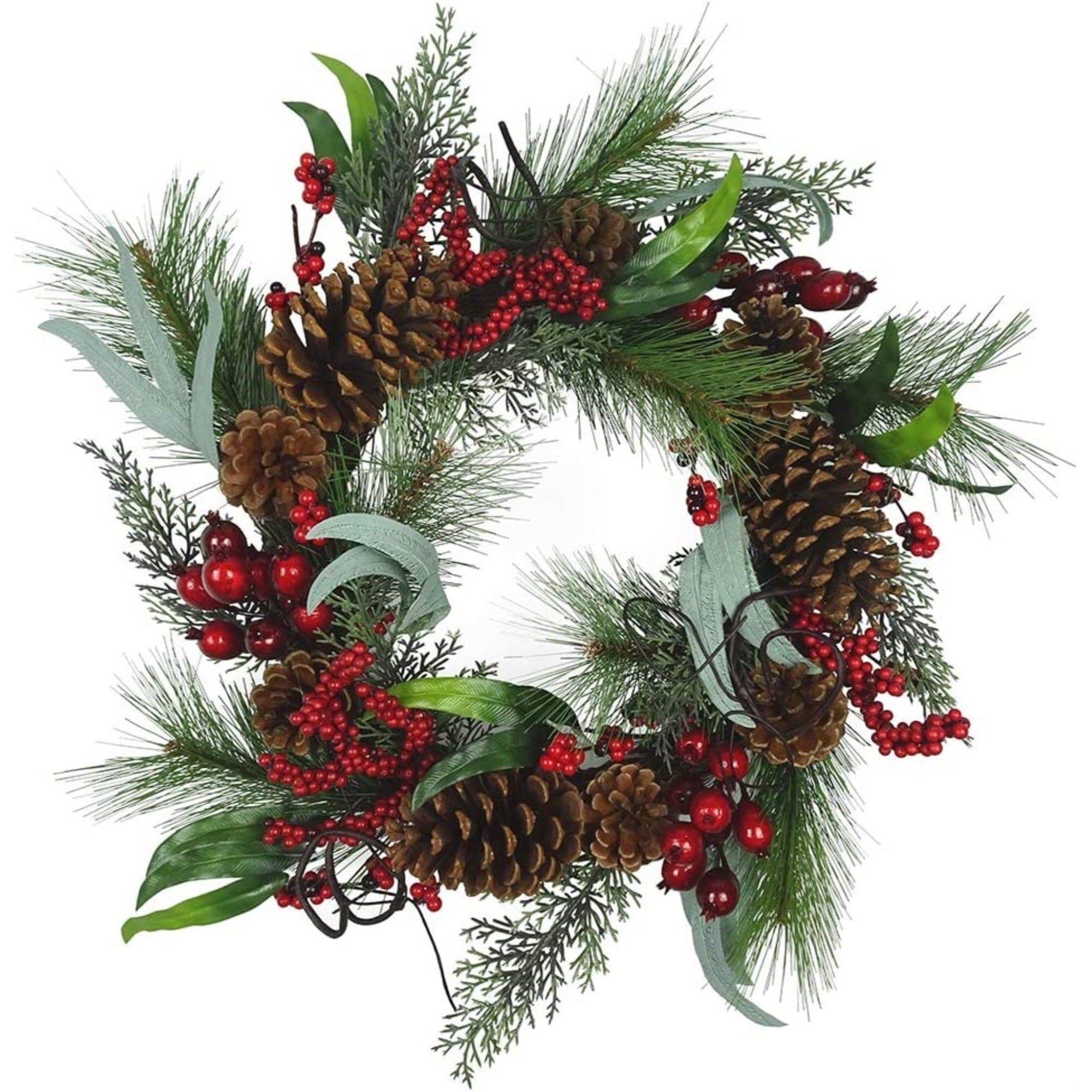 Kurt Adler Artificial Wreath with Red Berries, Leaves and Pinecones Christmas Decoration, Green, 20"