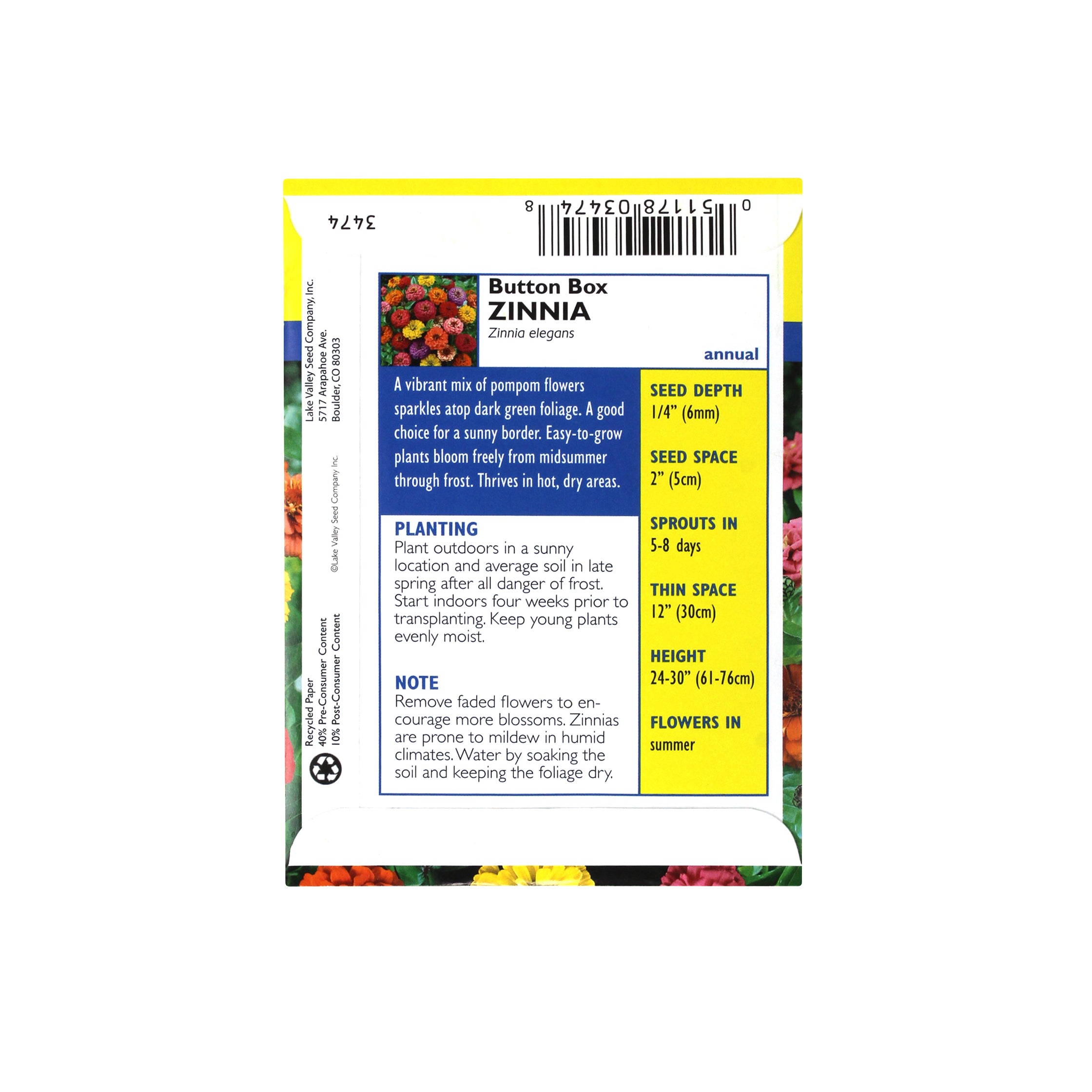 Lake Valley Seed Zinnia Button Box Mixed Colors Flower, 2g