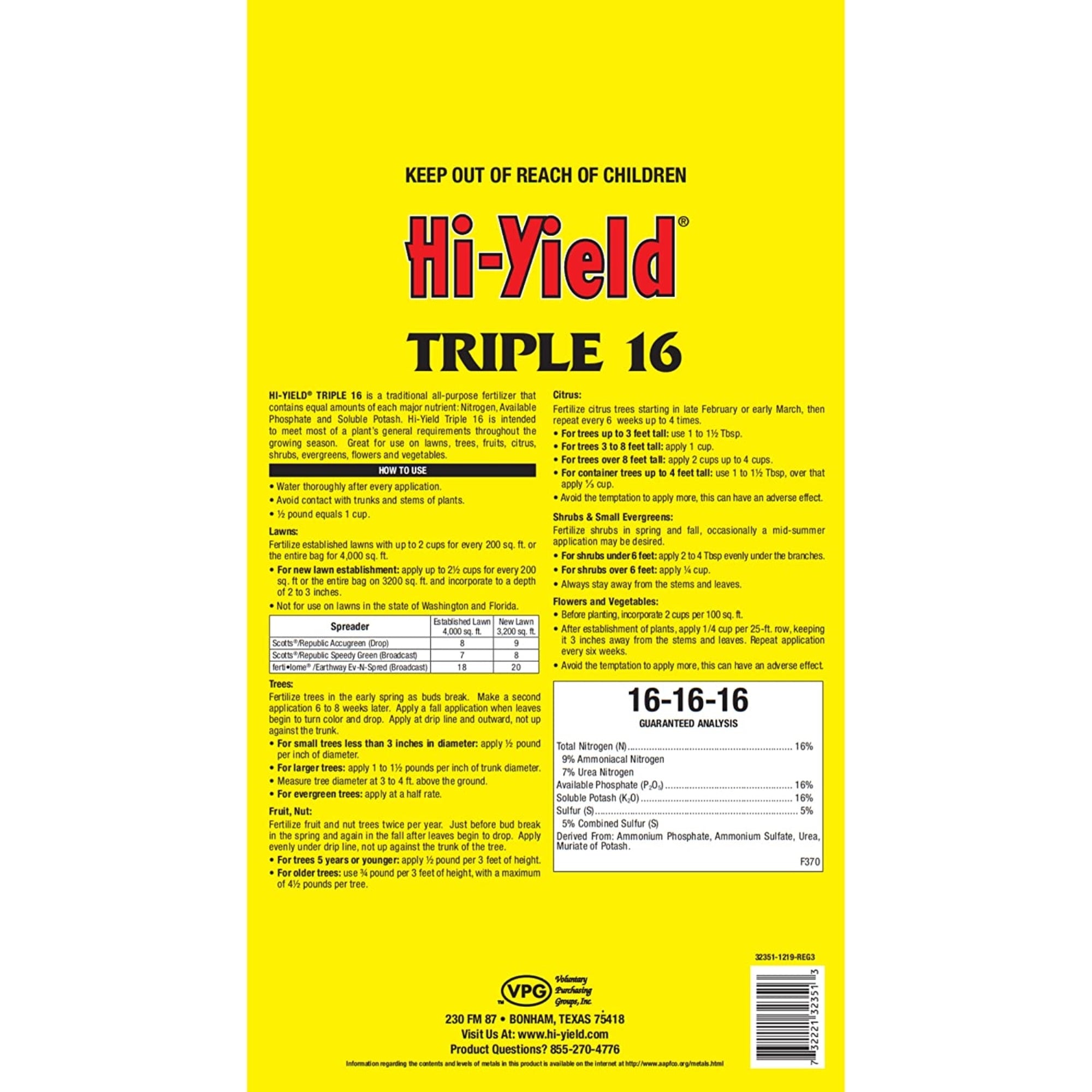 VPG Hi-Yield Triple 16 All-Purpose Fertilizers, 16-16-16, 20 lb bag