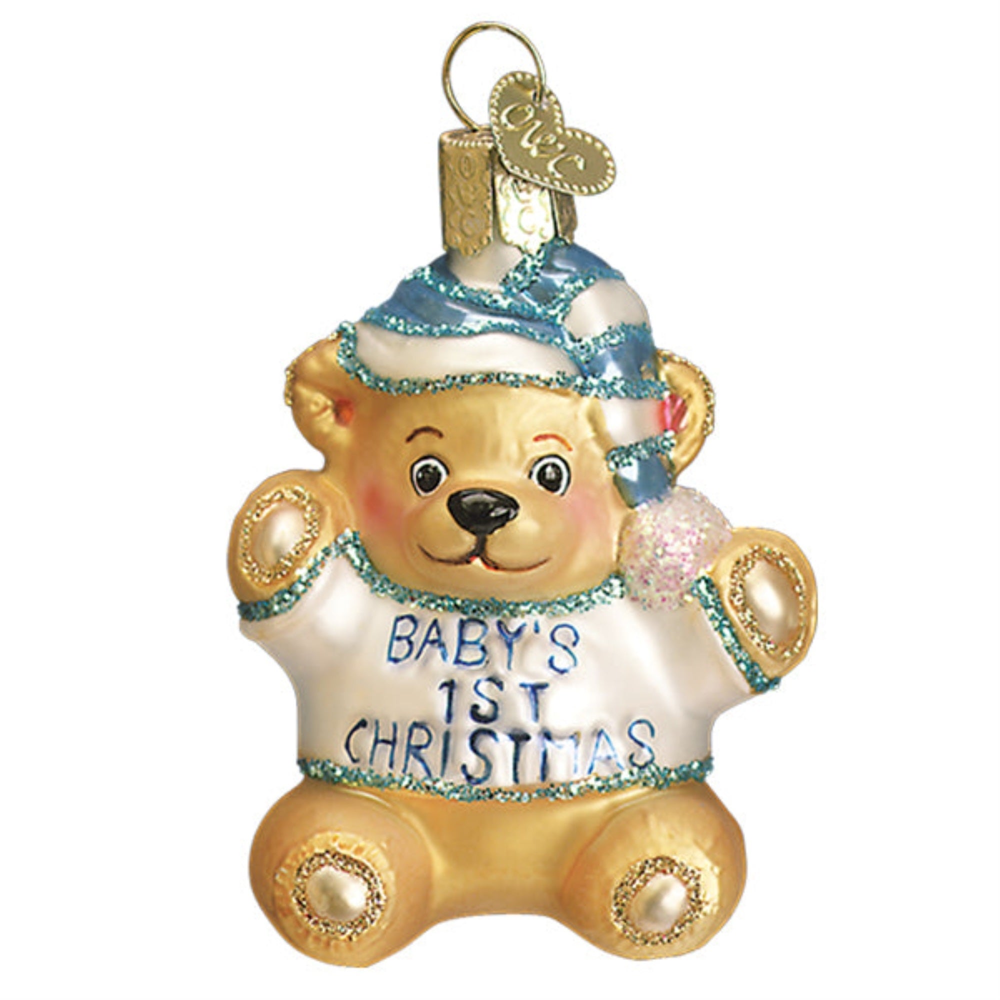 Old World Christmas Hanging Glass Tree Ornament, Baby Boy's First Teddy Bear