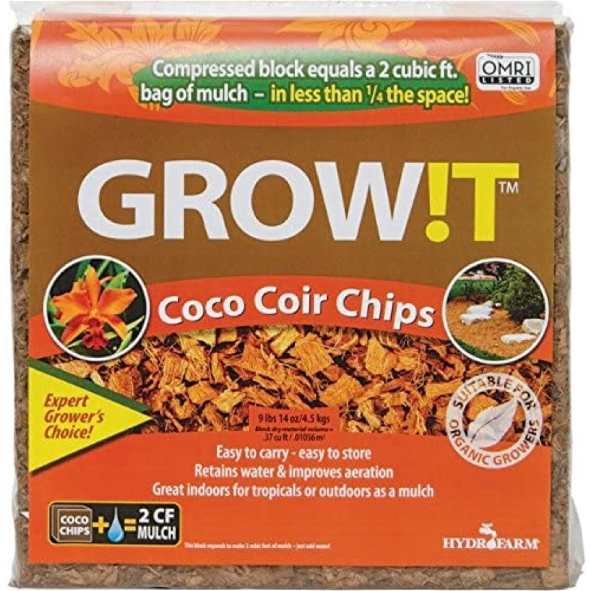 Hydrofarm Organic Coco Coir Planting Chips, Block, 9lb, 15oz
