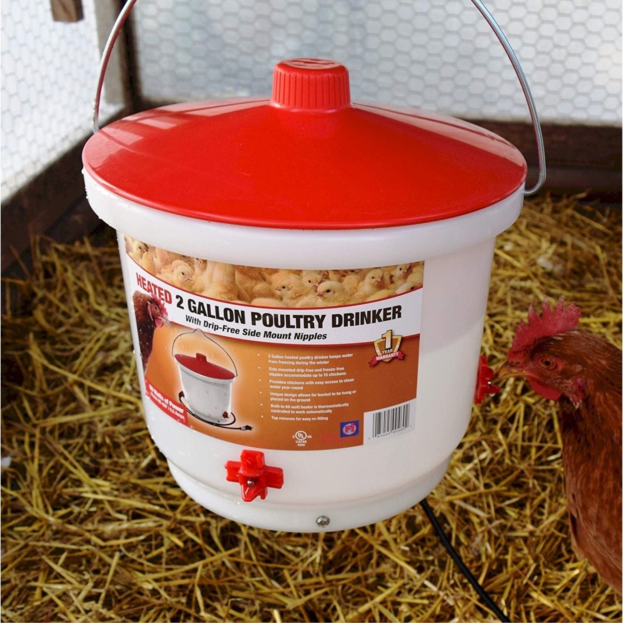 Farm Innovators Heated Poultry Drinker with Drip-Free Side Mount Nipples, 2 Gallons