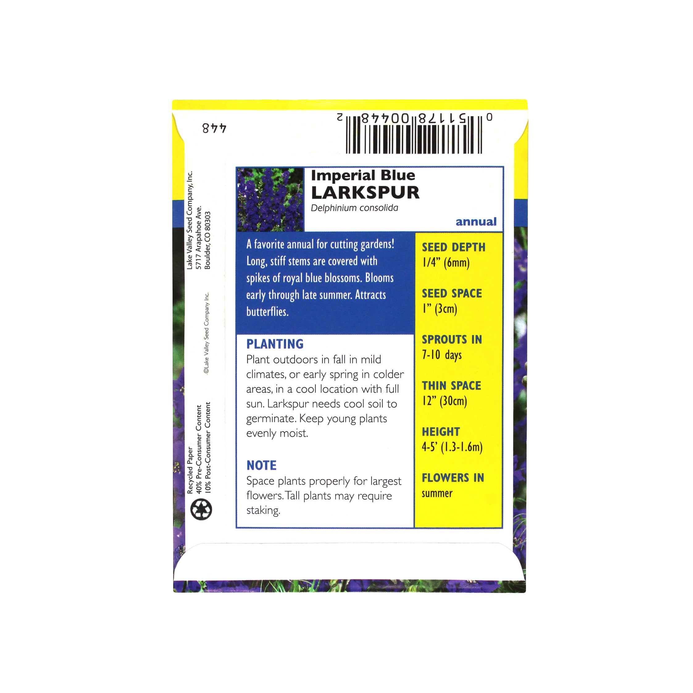 Lake Valley Seed Larkspur, Imperial Blue Heirloom Flower, 0.05g