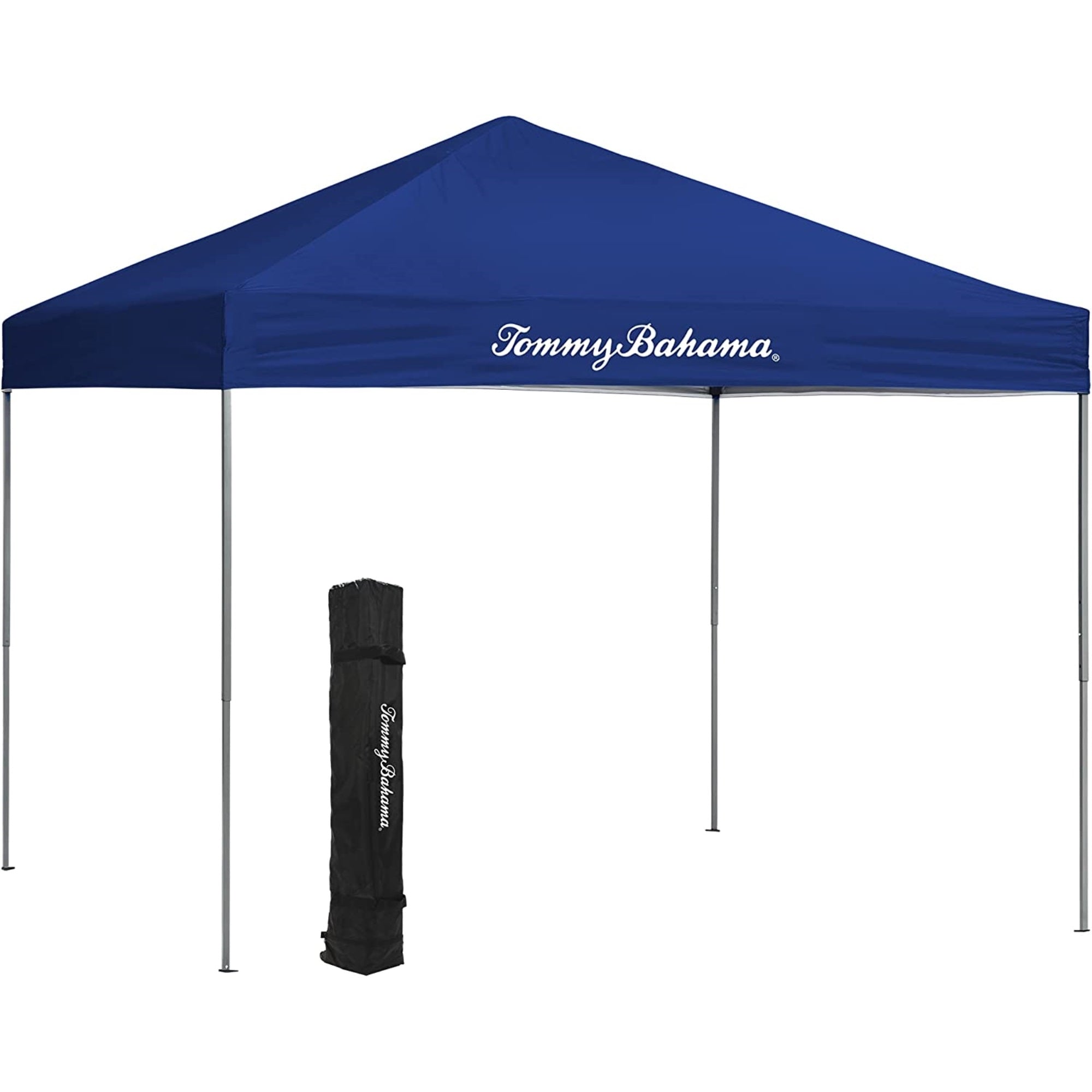 Tommy Bahama Patented Pop Up Canopy EZ Open Tent with Roller Bag and tent Spikes, for All Outdoor Activities, Blue, 10 x 10 Feet