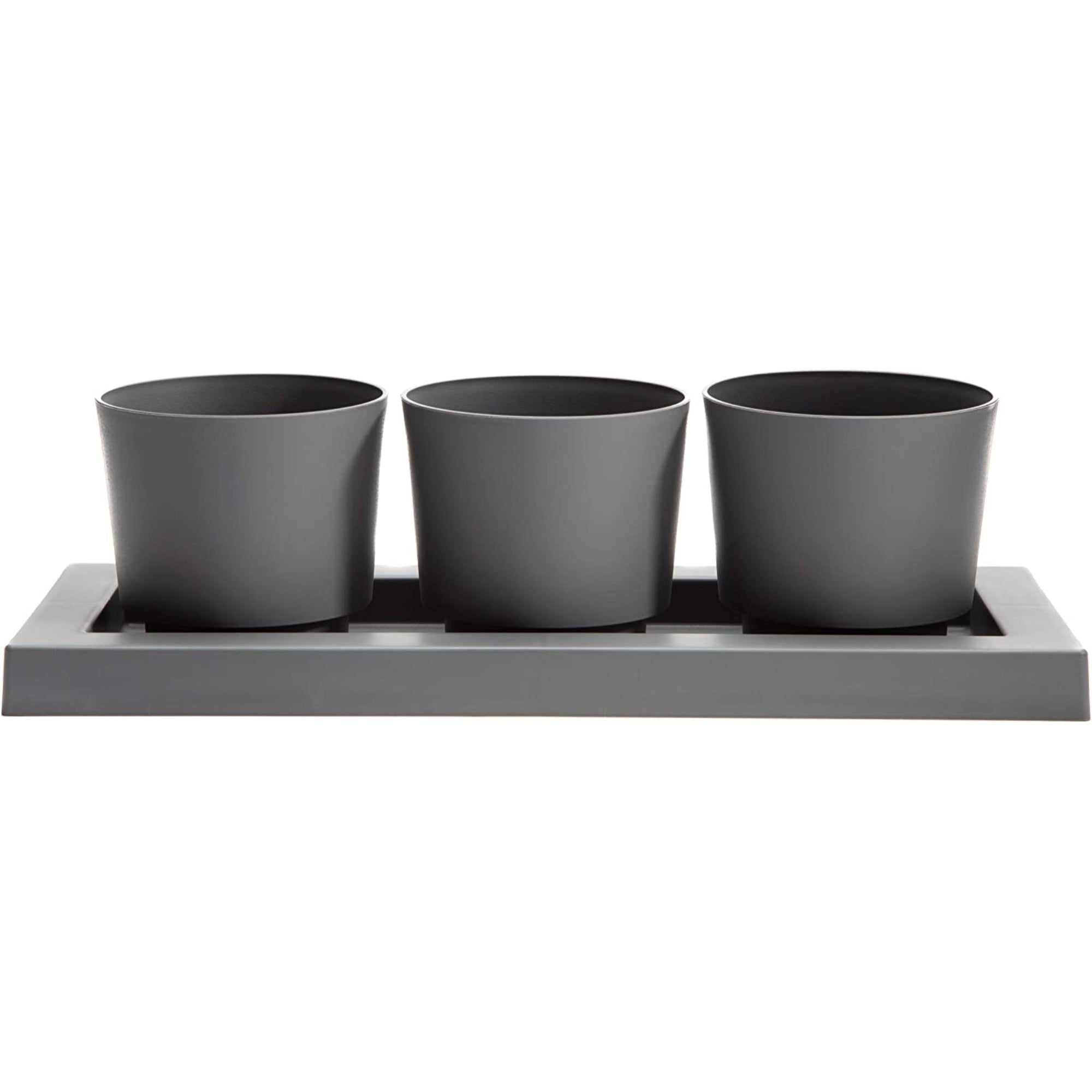 Bloem Trio Flight 3 Resin Planter Pots with Saucer Tray, Charcoal Gray 14”