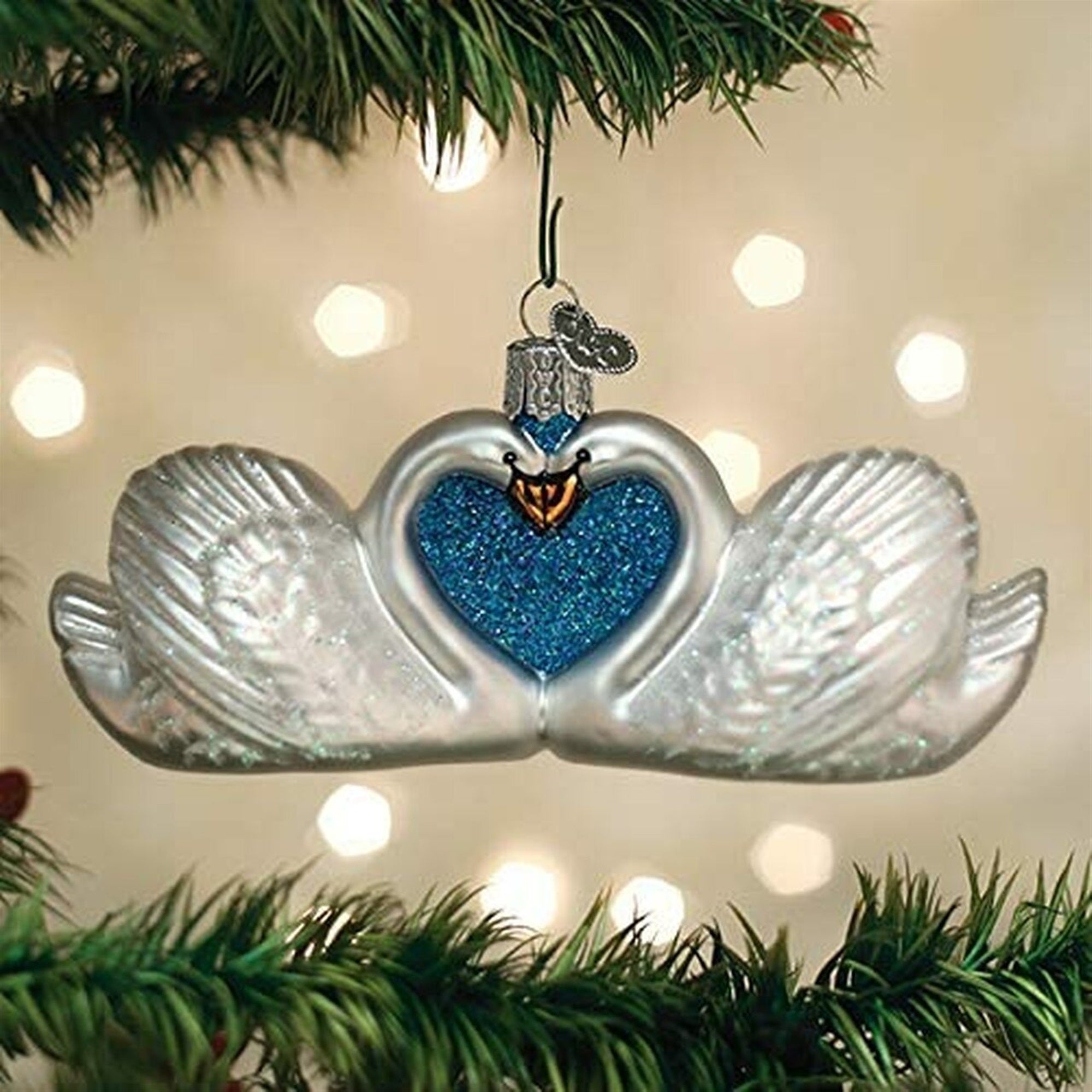 Old World Christmas Glass Blown Ornament, Swans in Love, 5.5"