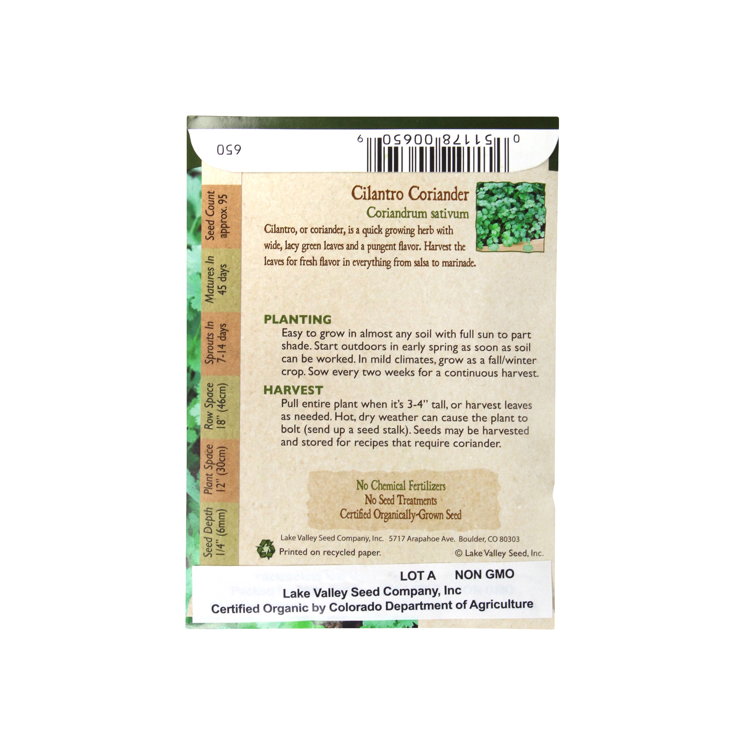 Lake Valley Seed Organic Cilantro (Coriander) Heirloom Herb Seeds, 1g