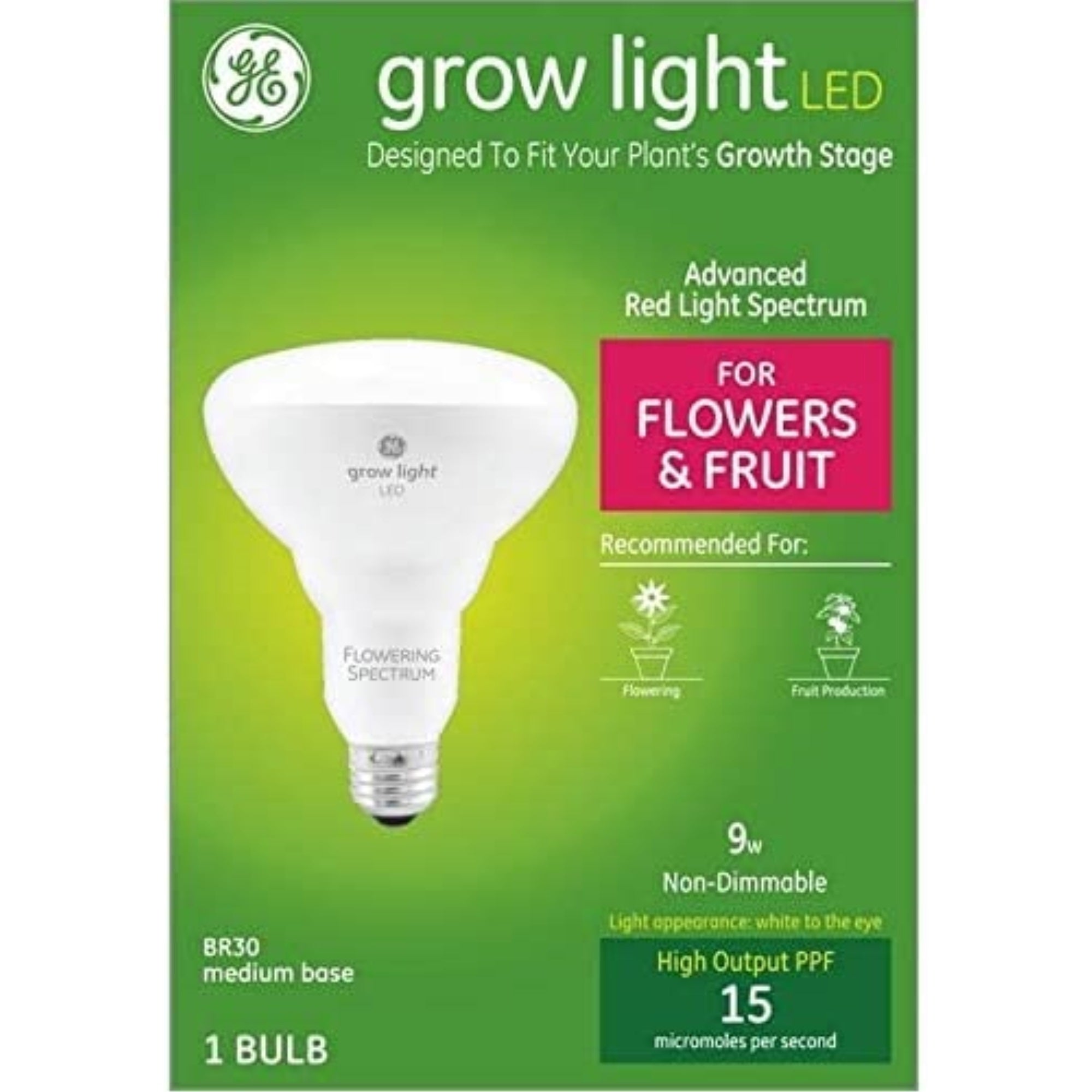 GE Grow Light LED Flood Light Bulb, Advanced Red Spectrum for Flowers and Fruit, 9 Watts, Medium Base (Pack of 1)