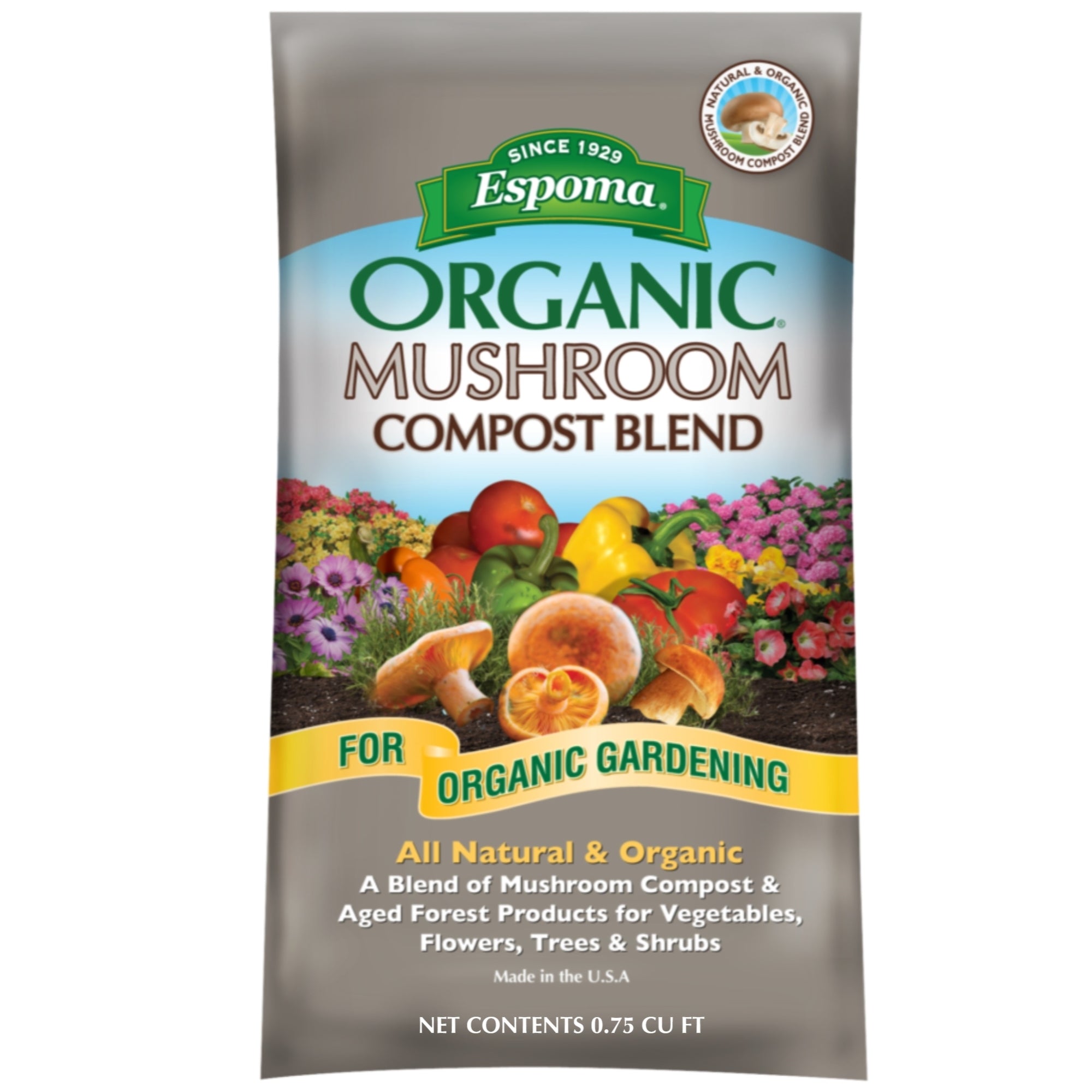 Espoma Organic All Natural & Organic Mushroom Compost Blend of Mushroom Compost & Aged Forest Products for Organic Gardening, 0.75 CF Bag