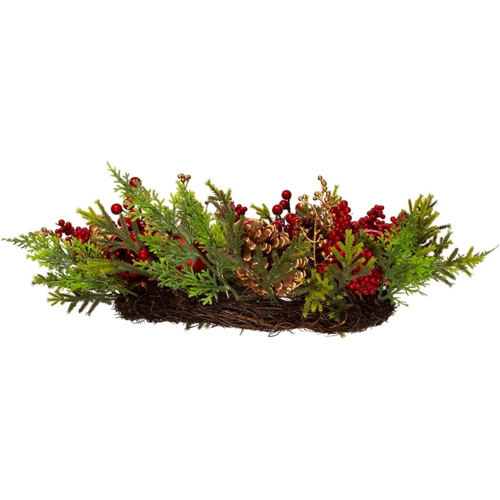 Kurt Adler Unlit Rattan Artificial Christmas Decorated Wreath with Pinecones, Red and Green, 24"