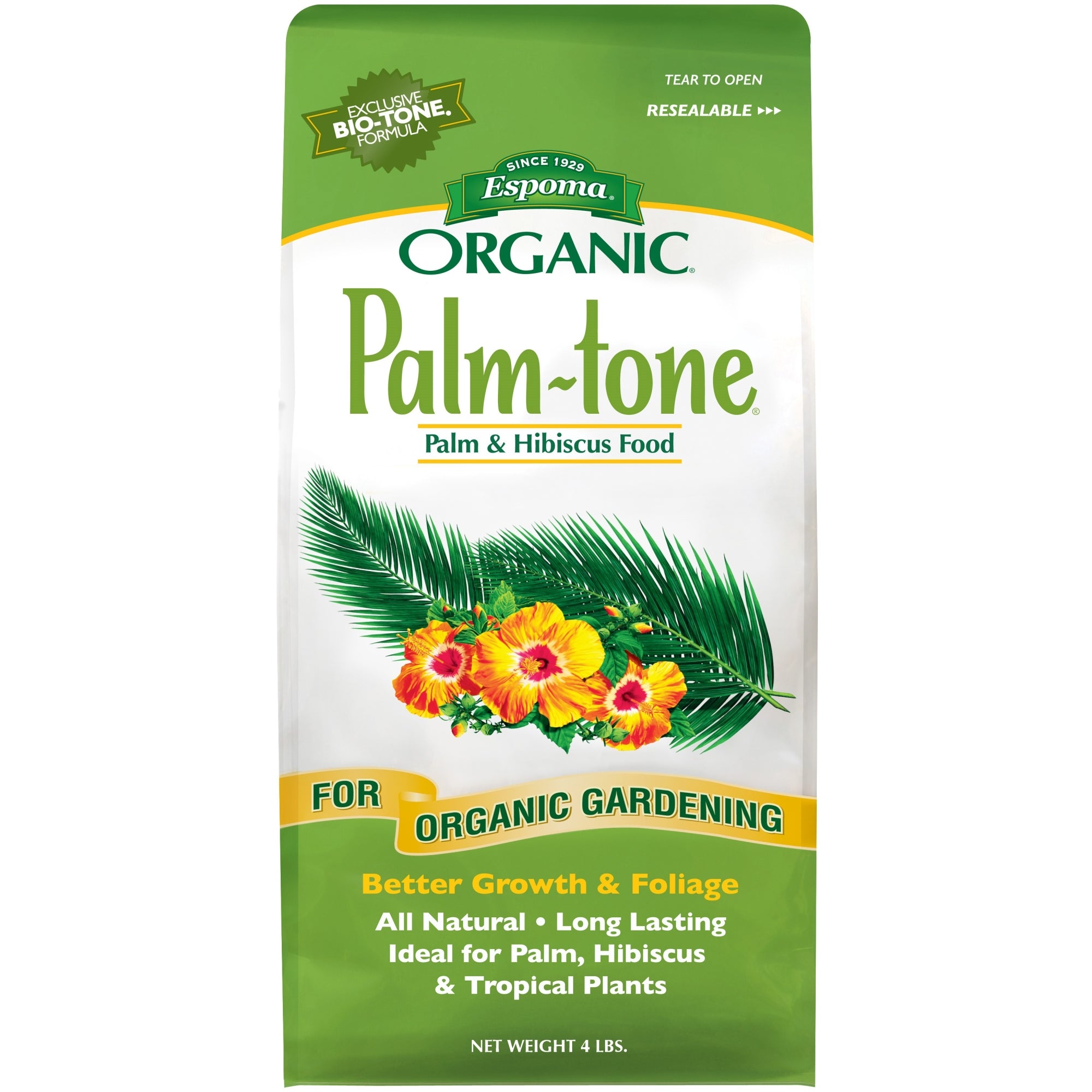 Espoma Organic Palm-Tone 4-1-5 Natural & Organic Plant Food for All Tropical Palm Trees and Hibiscus, Promotes Growth and Deep Green Foliage Color, 4 lb Bag