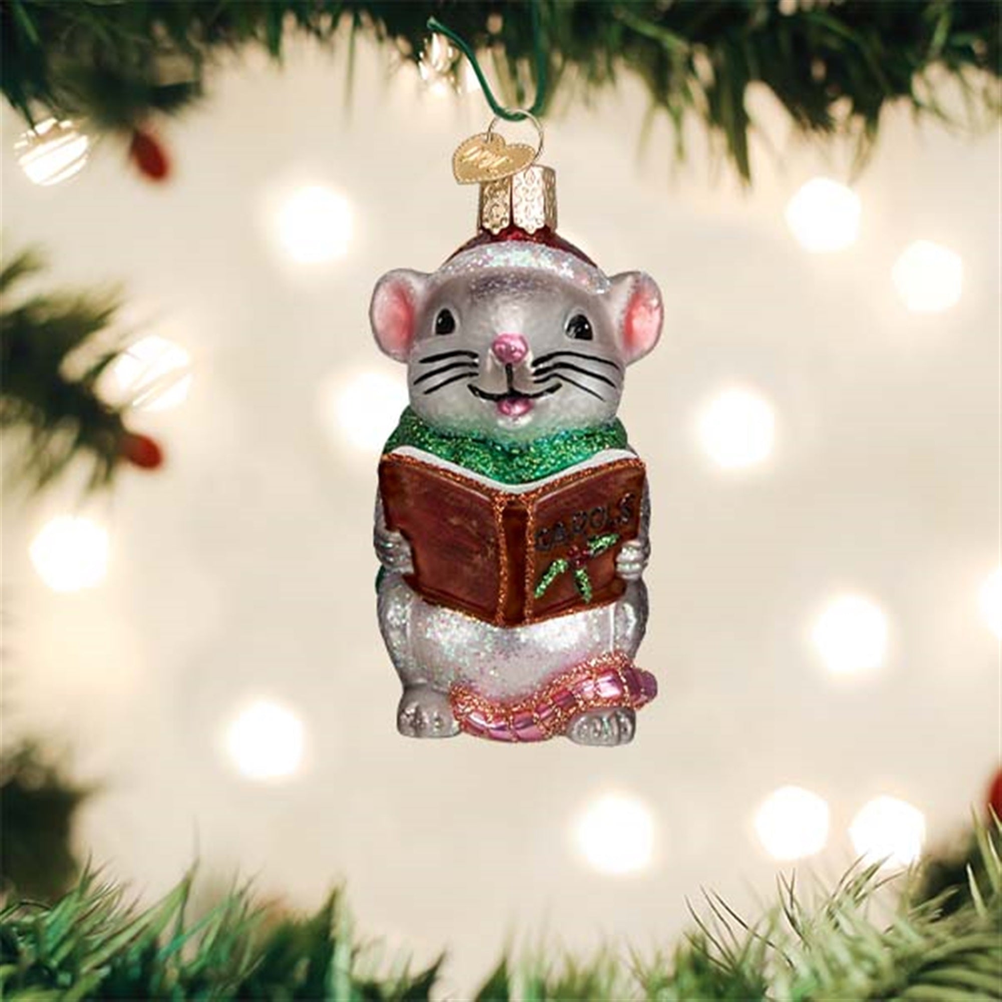 Old World Christmas Blown Glass Christmas Ornament, Grey Caroling Mouse