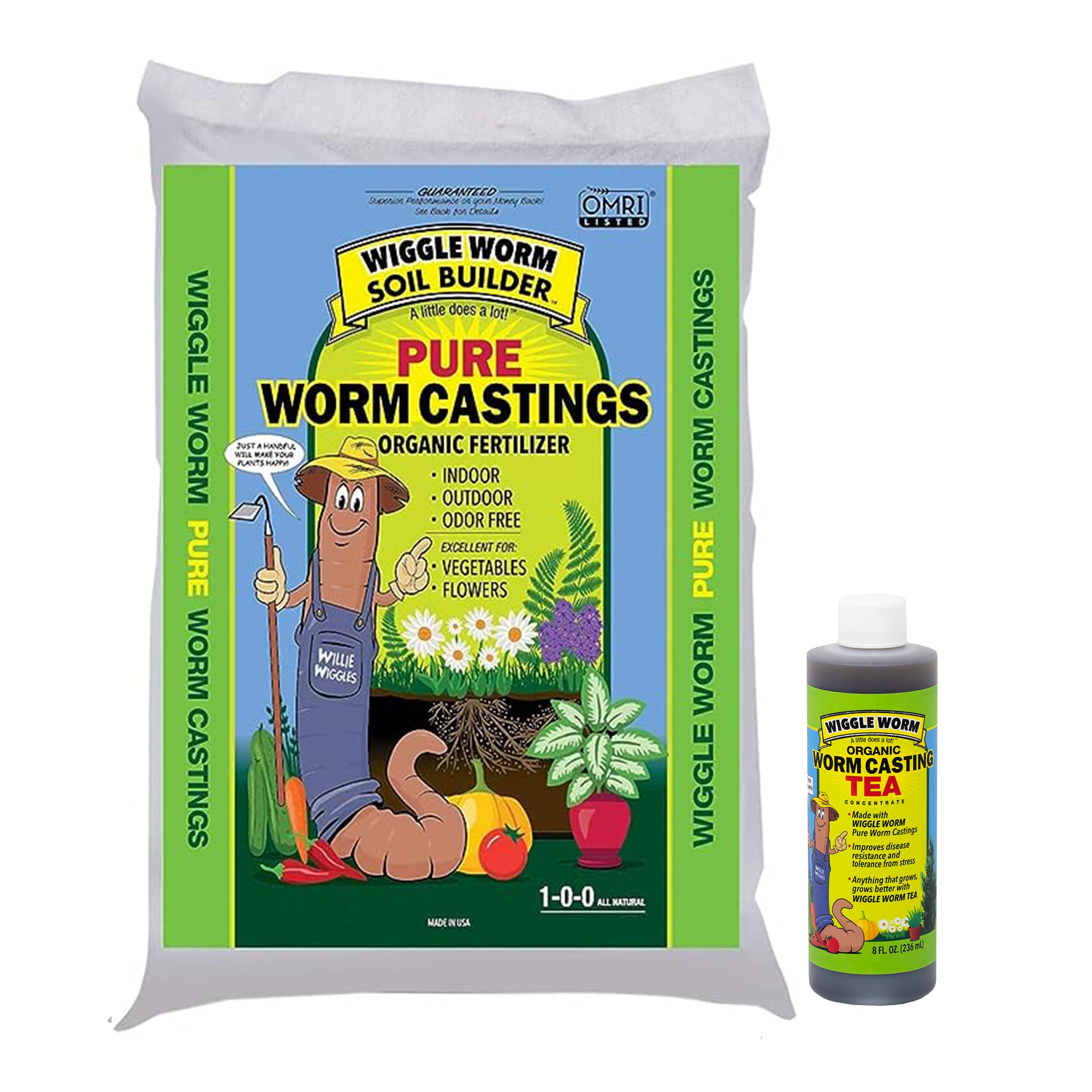 WIGGLE WORM Soil Builder Earthworm Castings Organic Fertilizer (15 lb) and WIGGLE WORM Castings Tea (8 Oz)