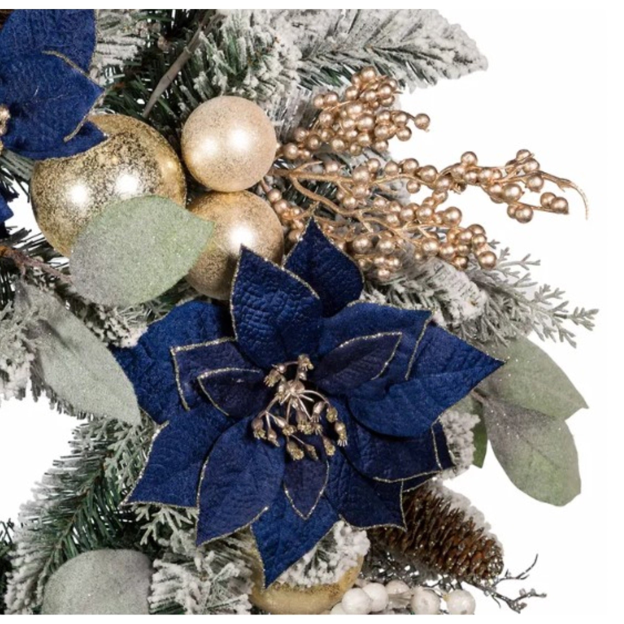 Kurt Adler Artificial Blue, Silver, and Gold Poinsettia Flocked Wreath Christmas Decoration, 24"