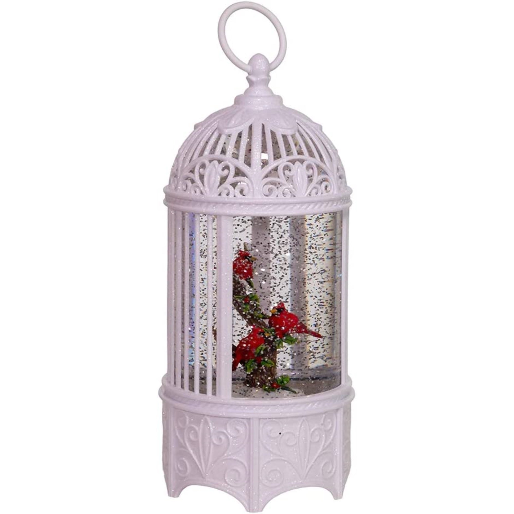 Kurt S. Adler Battery-Operated LED Swirl Cardinals Bird Cage Water Lantern, White, 10"