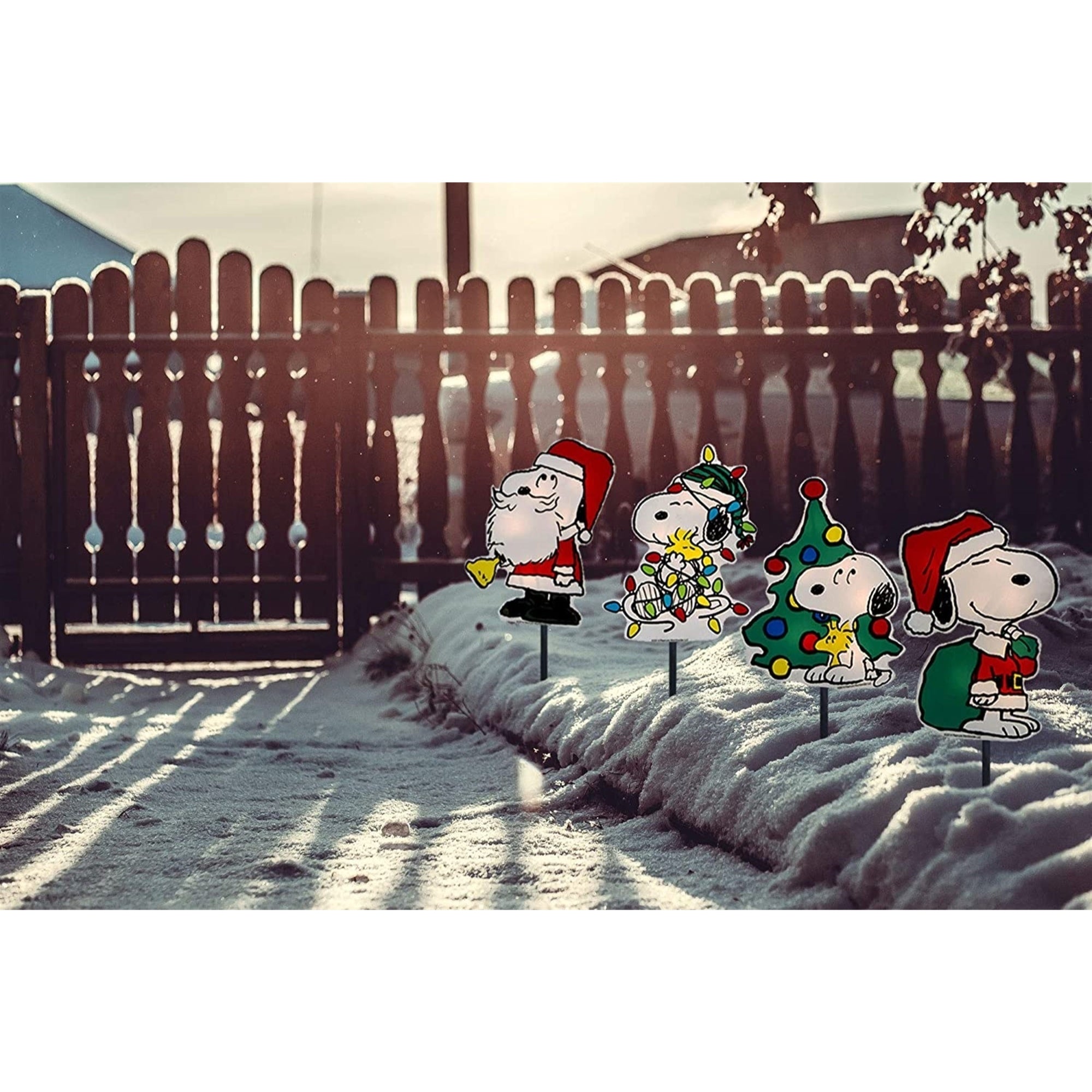 ProductWorks Peanuts 2D LED Pre-Lit Flat PVC Pathway Markers Featuring Snoopy Christmas Yard Art, 12-Inch