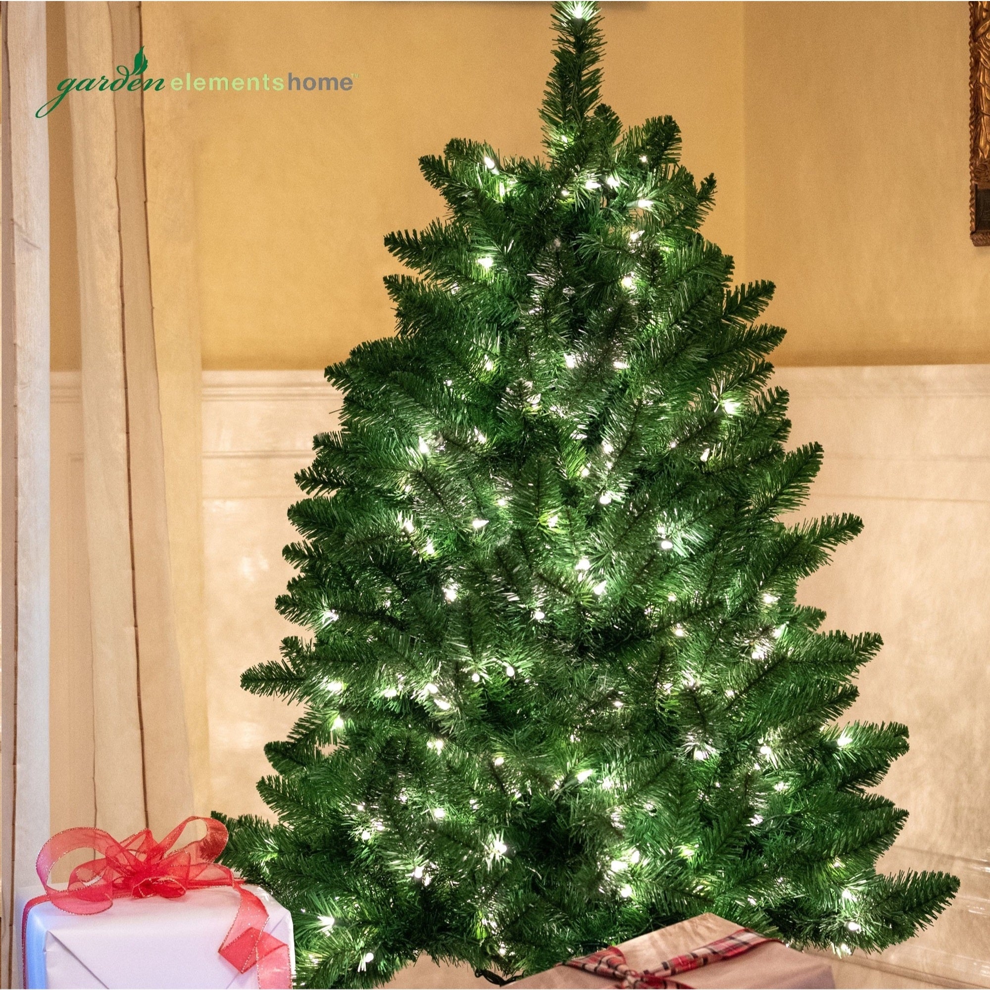Garden Elements Artificial Pre-Lit Penn Spruce Christmas Tree, 2462 Tips, 1600 Clear Lights, 9 ft