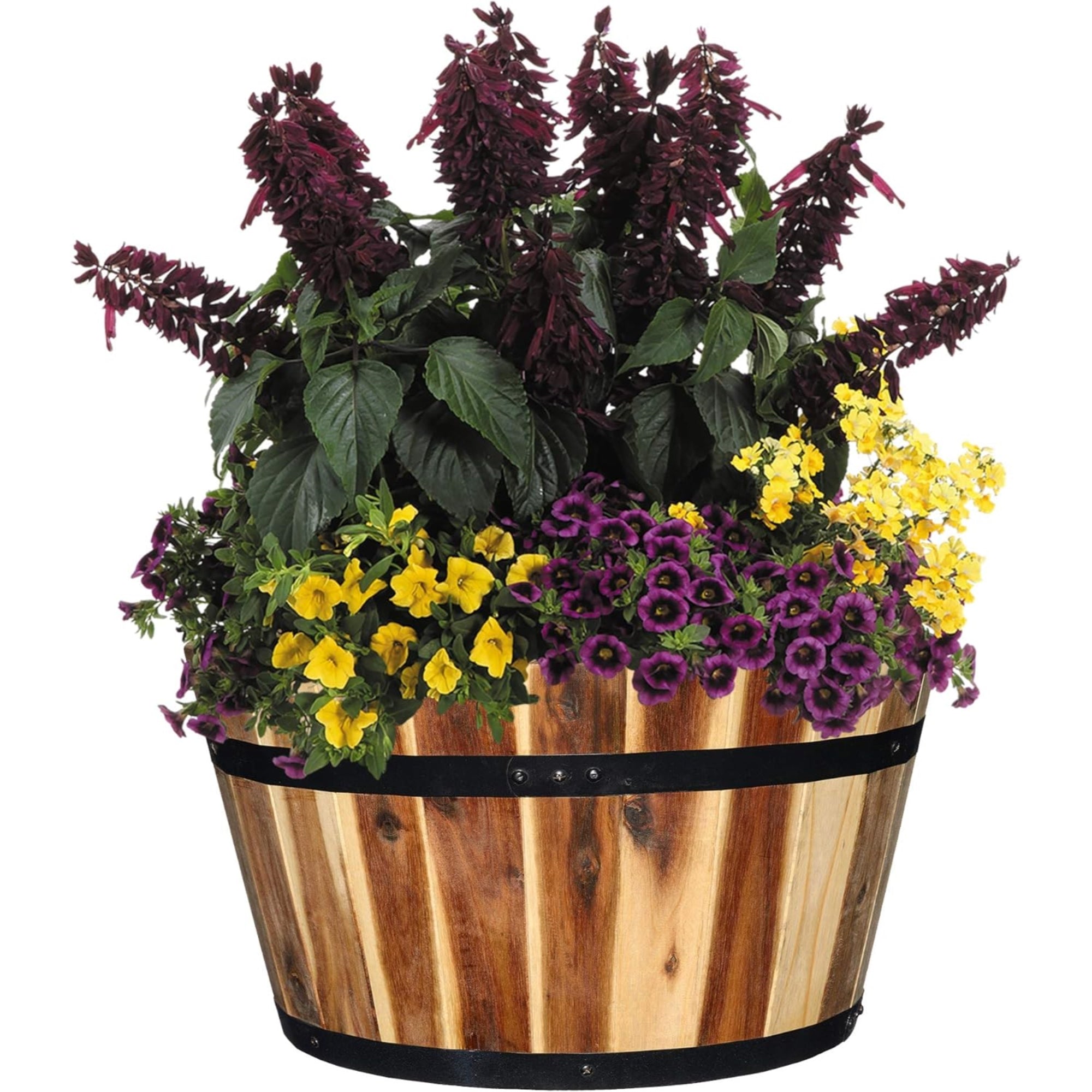 Classic Home and Garden Acacia Wood Whiskey Barrel Planters with Black Metal Band