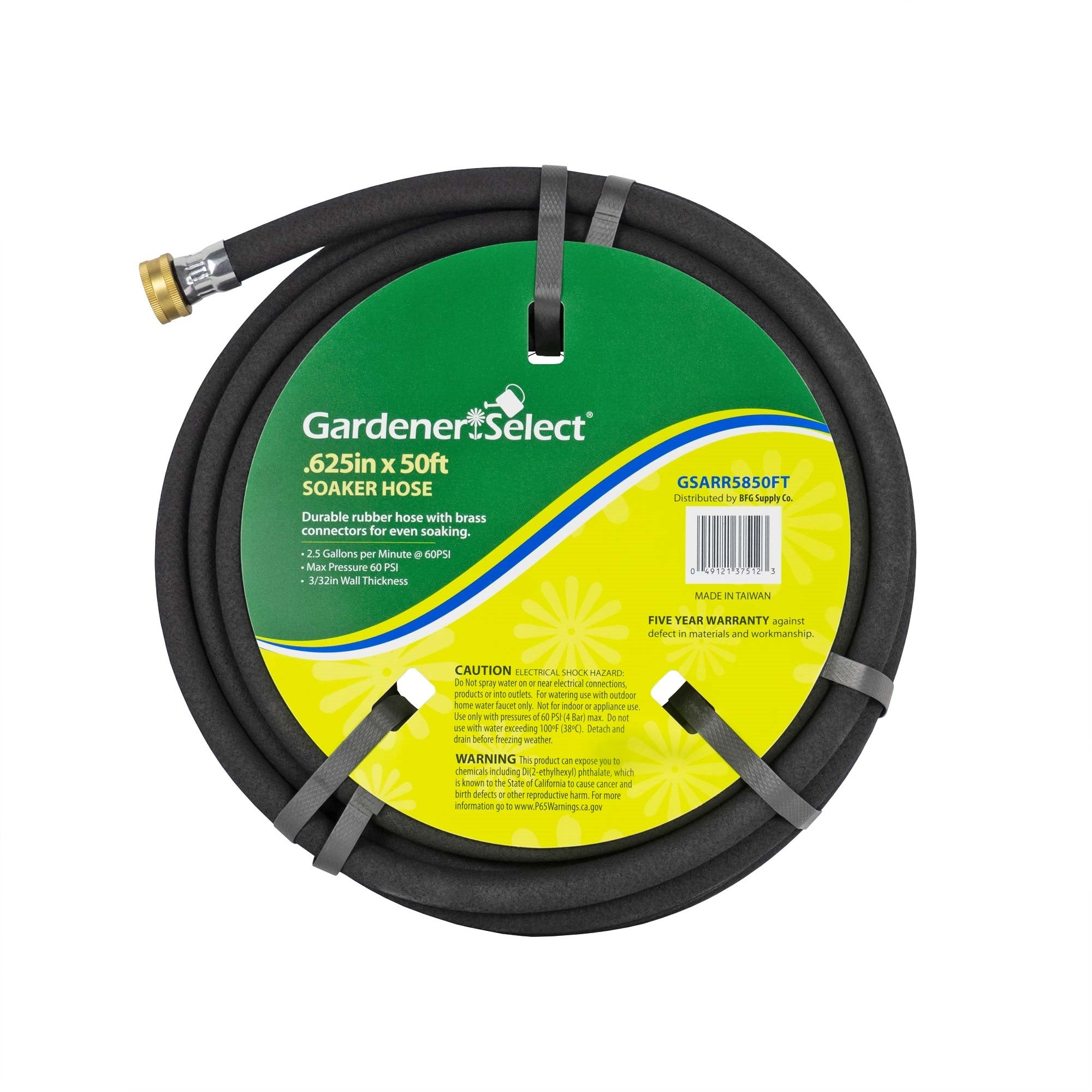 Gardener Select Durable Soaker Outdoor Rubber Hose W/Brass Connectors, Black, 5/8" By 50'