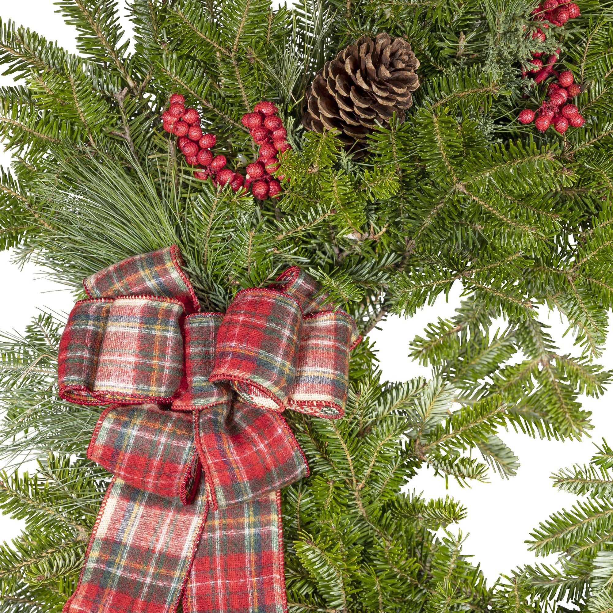 Garden Elements Fresh Christmas Live Frasier Fir Wreath with Bow & Accessories, Red Plaid, 22"