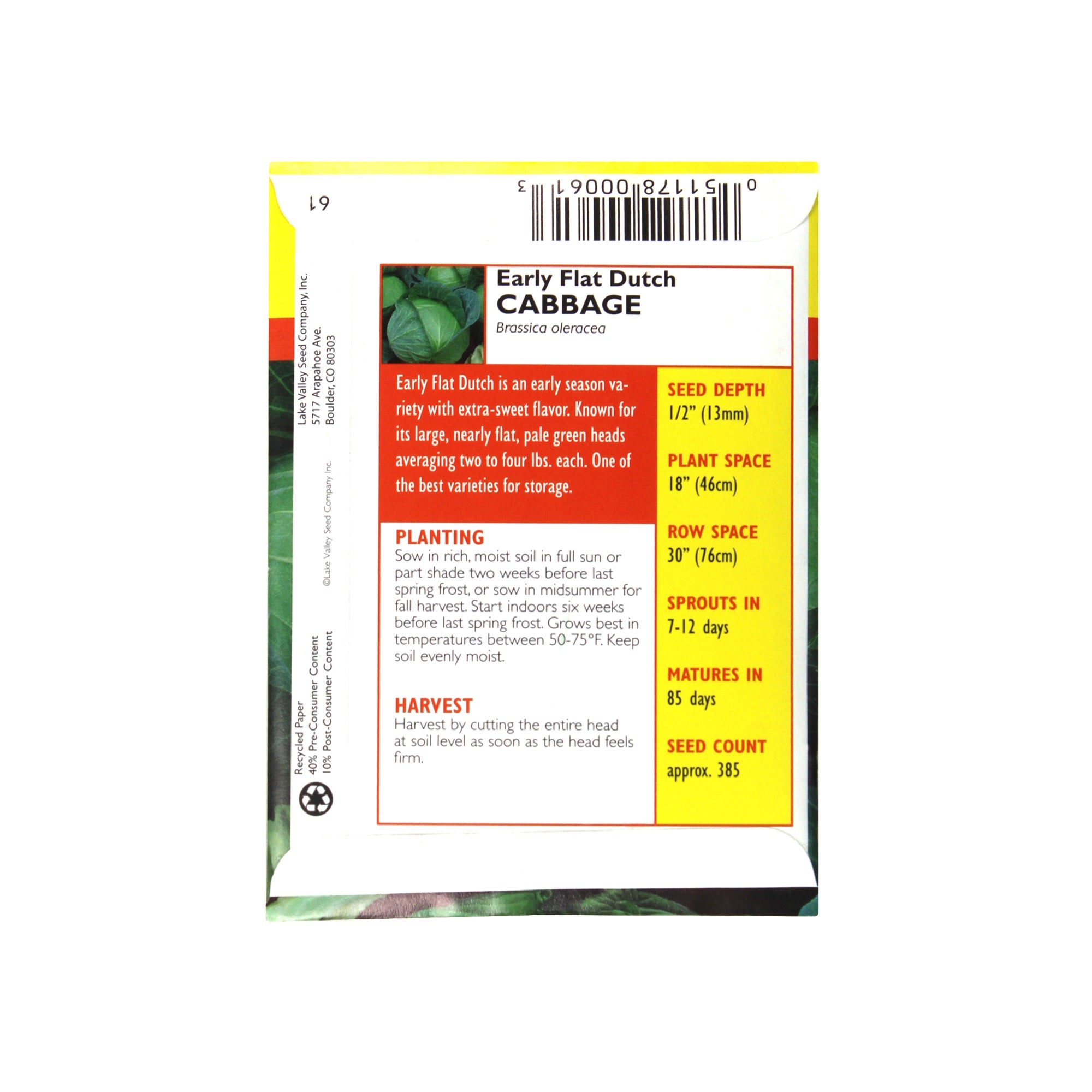 Lake Valley Seed Cabbage Early Flat Dutch Heirloom Vegetable, 1.5g