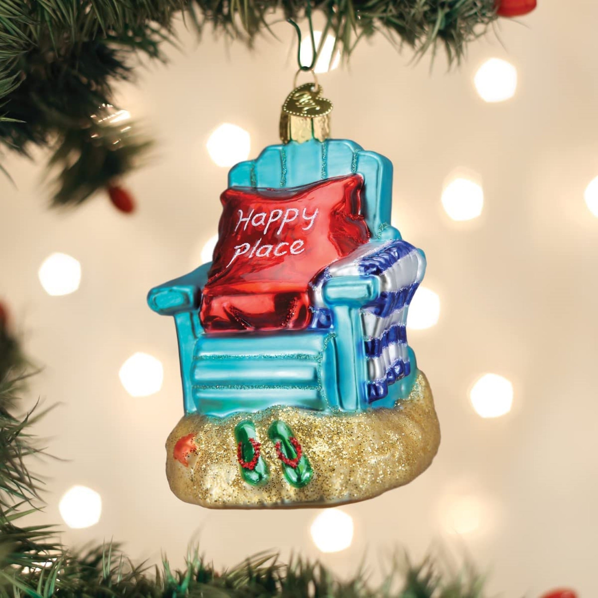 Old World Christmas Glass Blown "Happy Place" Beach Chair Ornament, 3.5"