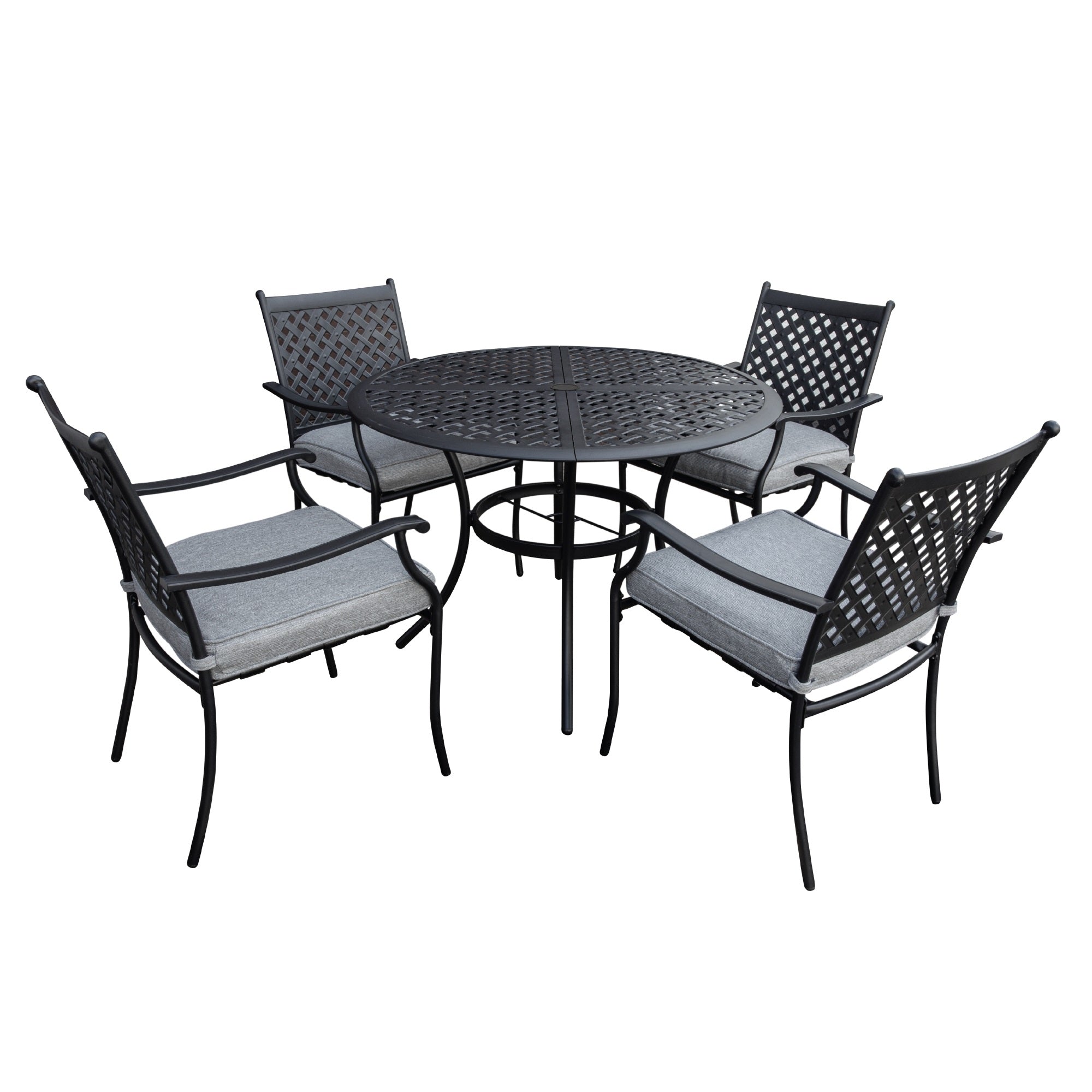 Garden Elements Outdoor Patio Set Metal Dining Furniture w/ Iron Armrest Grey Cushioned Chairs and Steel Round Table For Patios, Decks, Black, 5 Piece