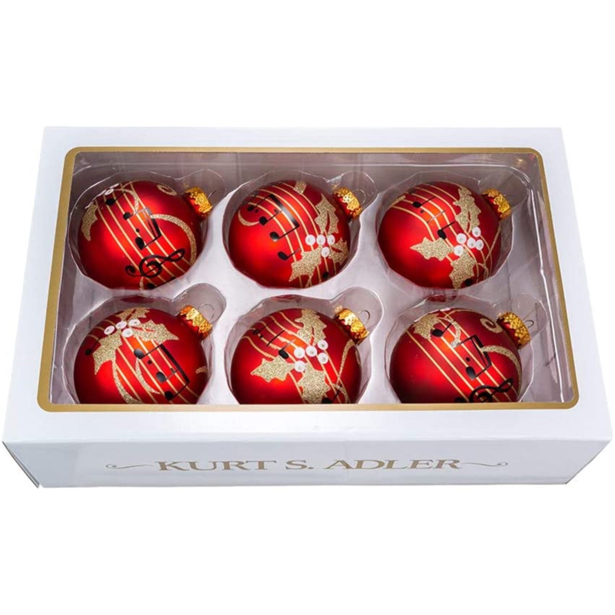 Kurt Adler Red With Music Notes Glass Ball Ornaments, 6-Piece Box Set, 3"