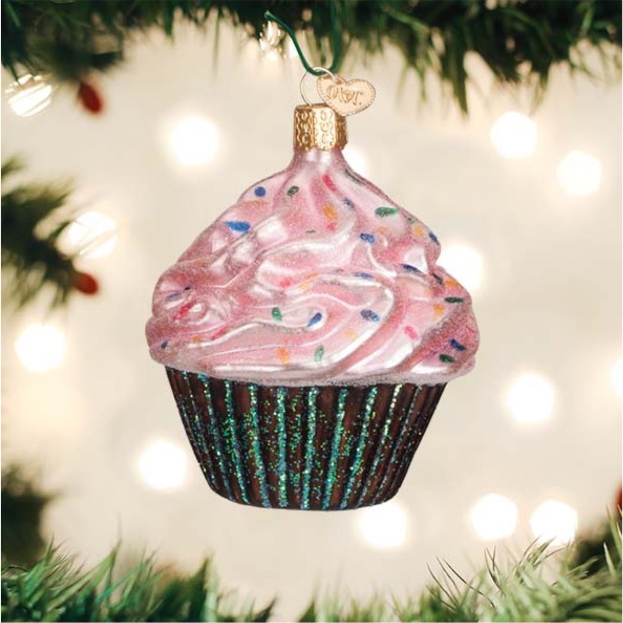 Old World Christmas Glass Blown Tree Ornament, Pink Chocolate Cupcake