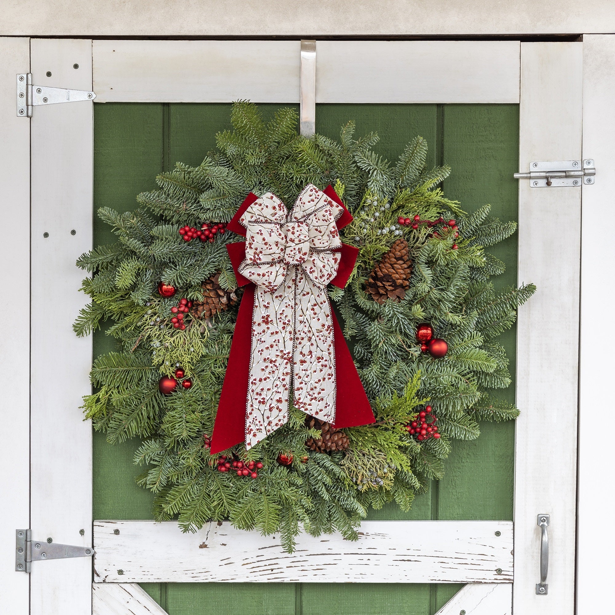 Garden Elements Fresh Christmas Live Noble Fir Wreath with Bow & Accessories, Winter Berry, 24"