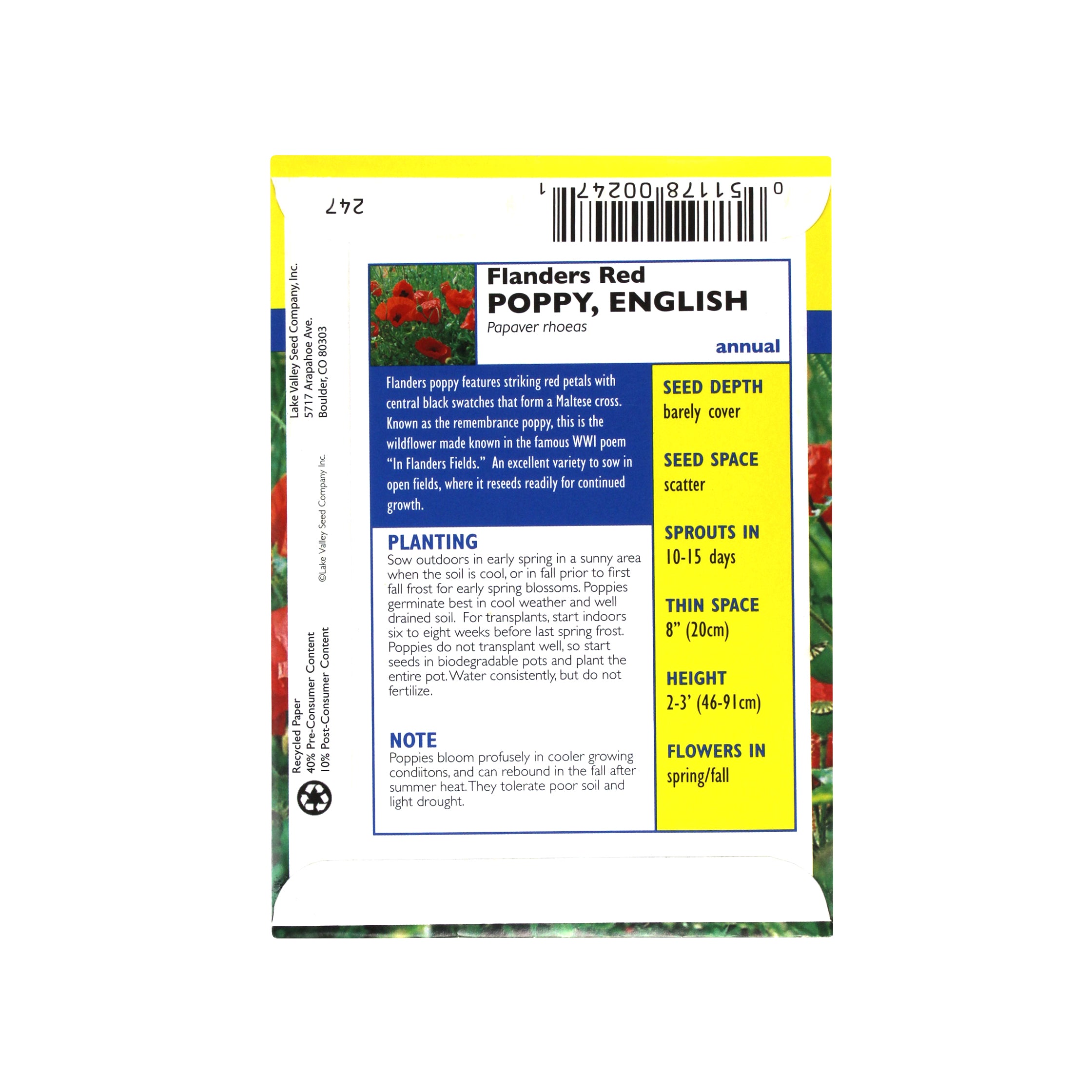 Lake Valley Seed Poppy, English Flanders Red Heirloom, 0.5g