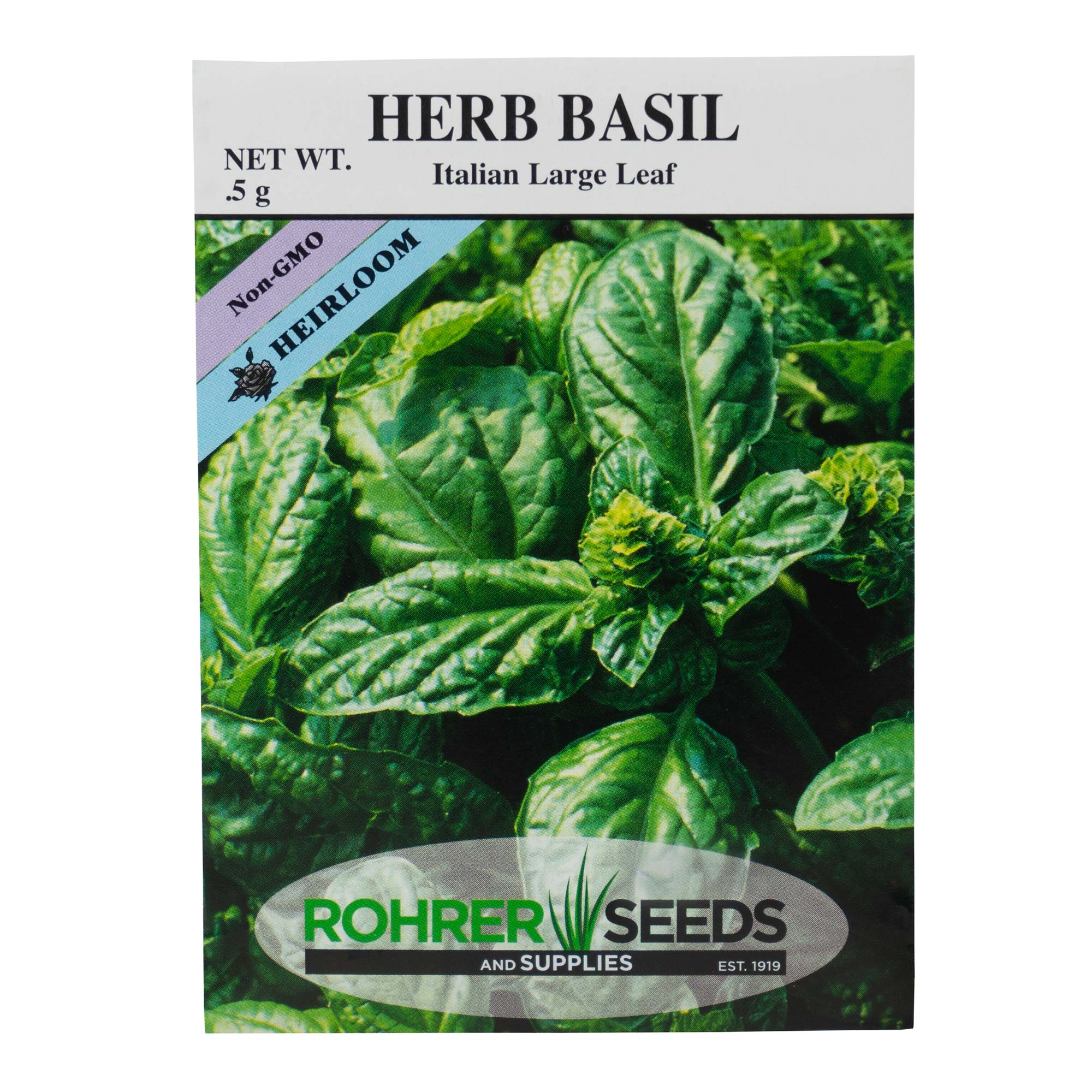Rohrer's Seed Non-GMO Heirloom Basil Large Leaf Organic Seeds, .5 Gram Packet