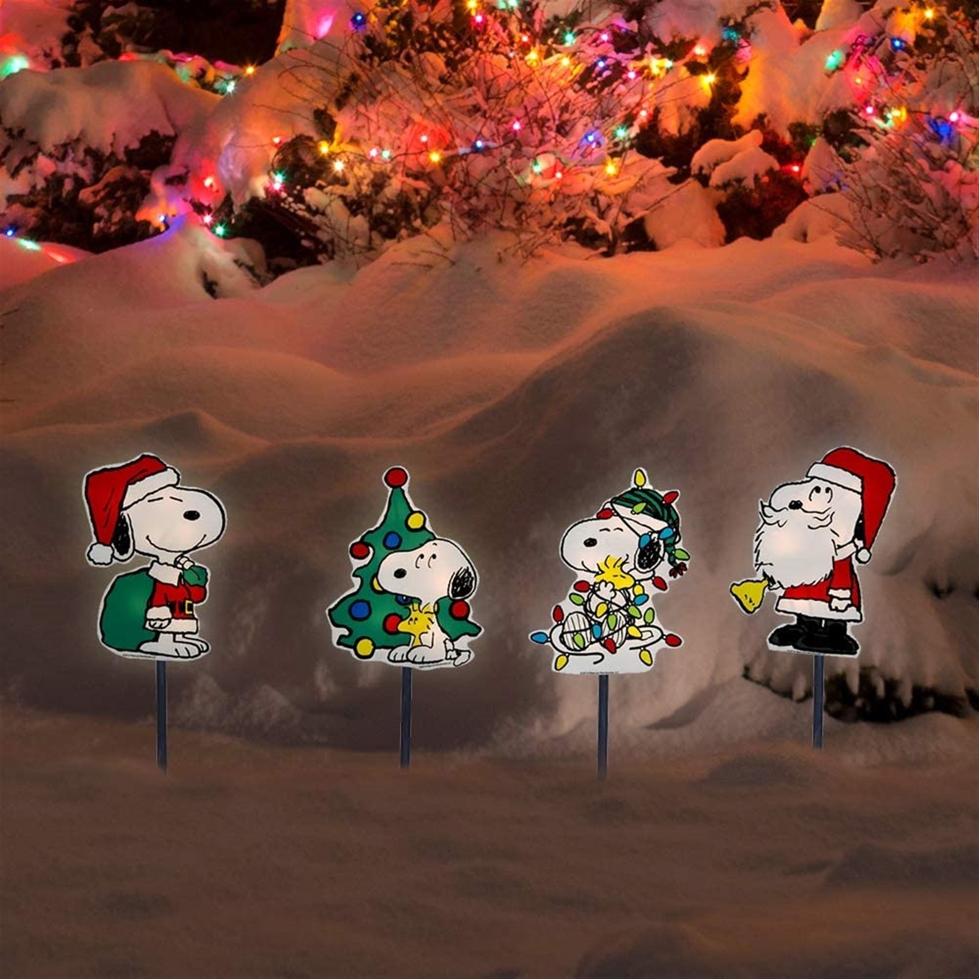 ProductWorks Peanuts 2D LED Pre-Lit Flat PVC Pathway Markers Featuring Snoopy Christmas Yard Art, 12-Inch