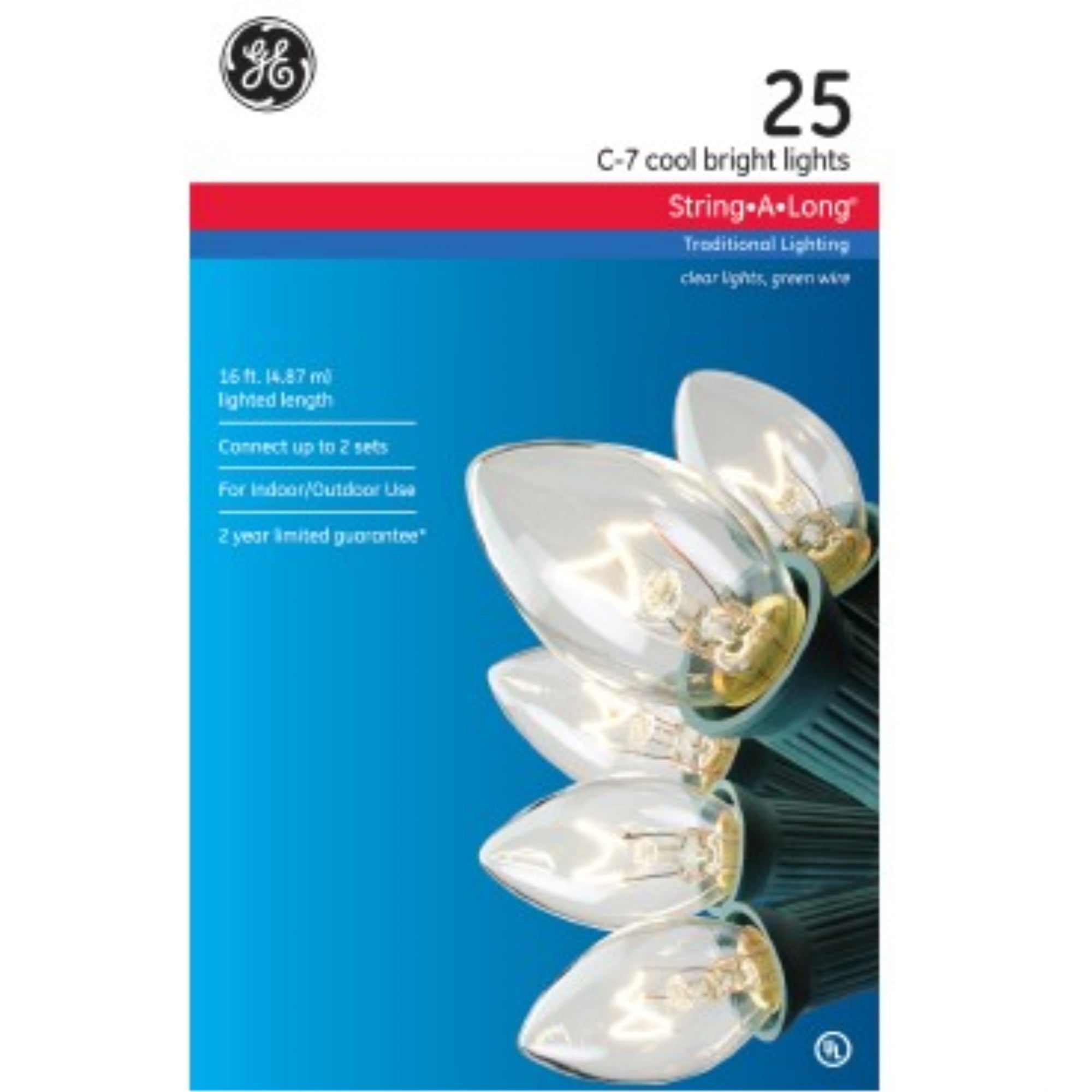 GE String-A-Long 25 Cool Bright C7 Light Set, Clear, 16 feet Lighted Length