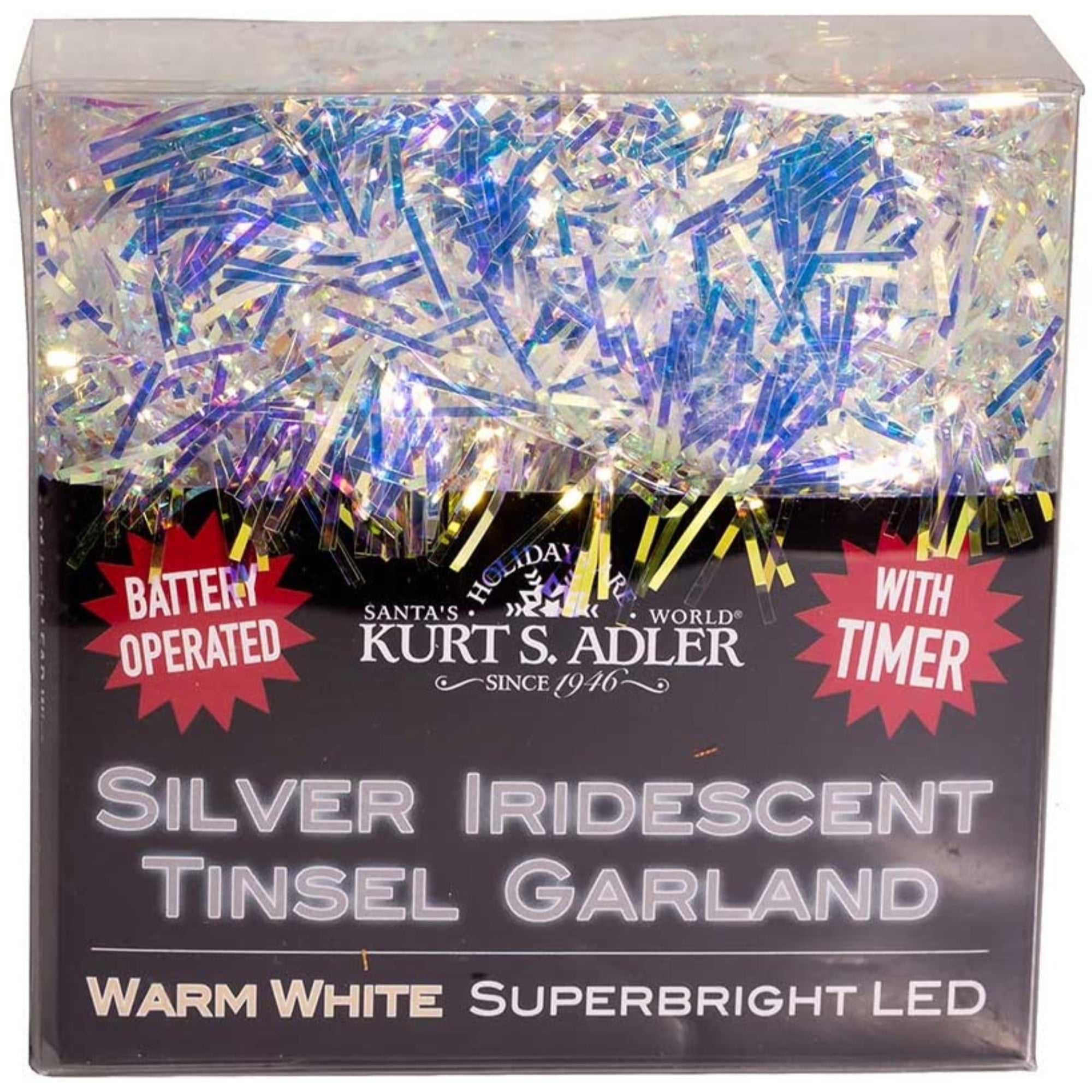 Kurt Adler Battery Operated Warm White LED Silver Iricescent Tinsel Garland, 20 Lights