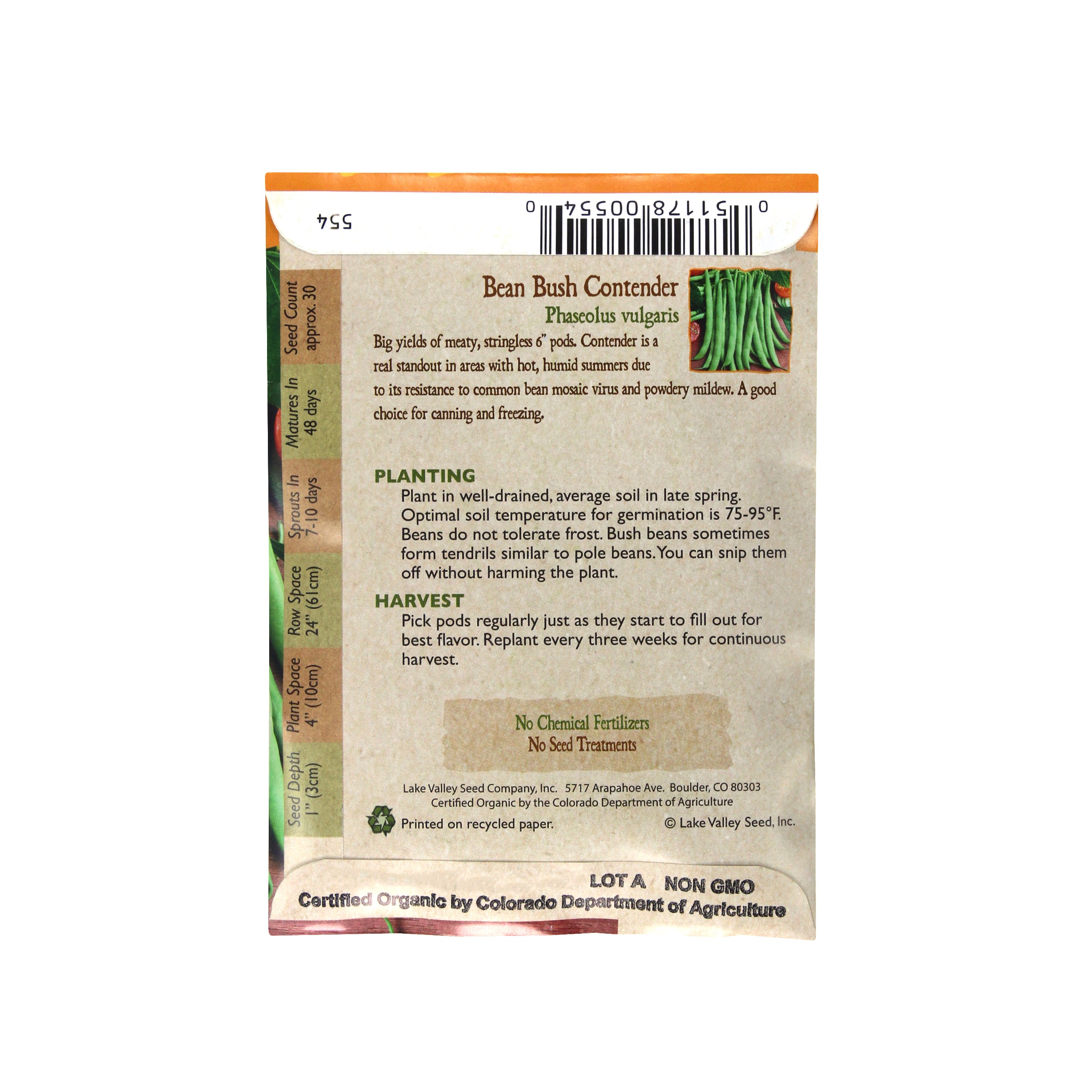 Lake Valley Seeds Bean, Bush Organic Contender, 15g