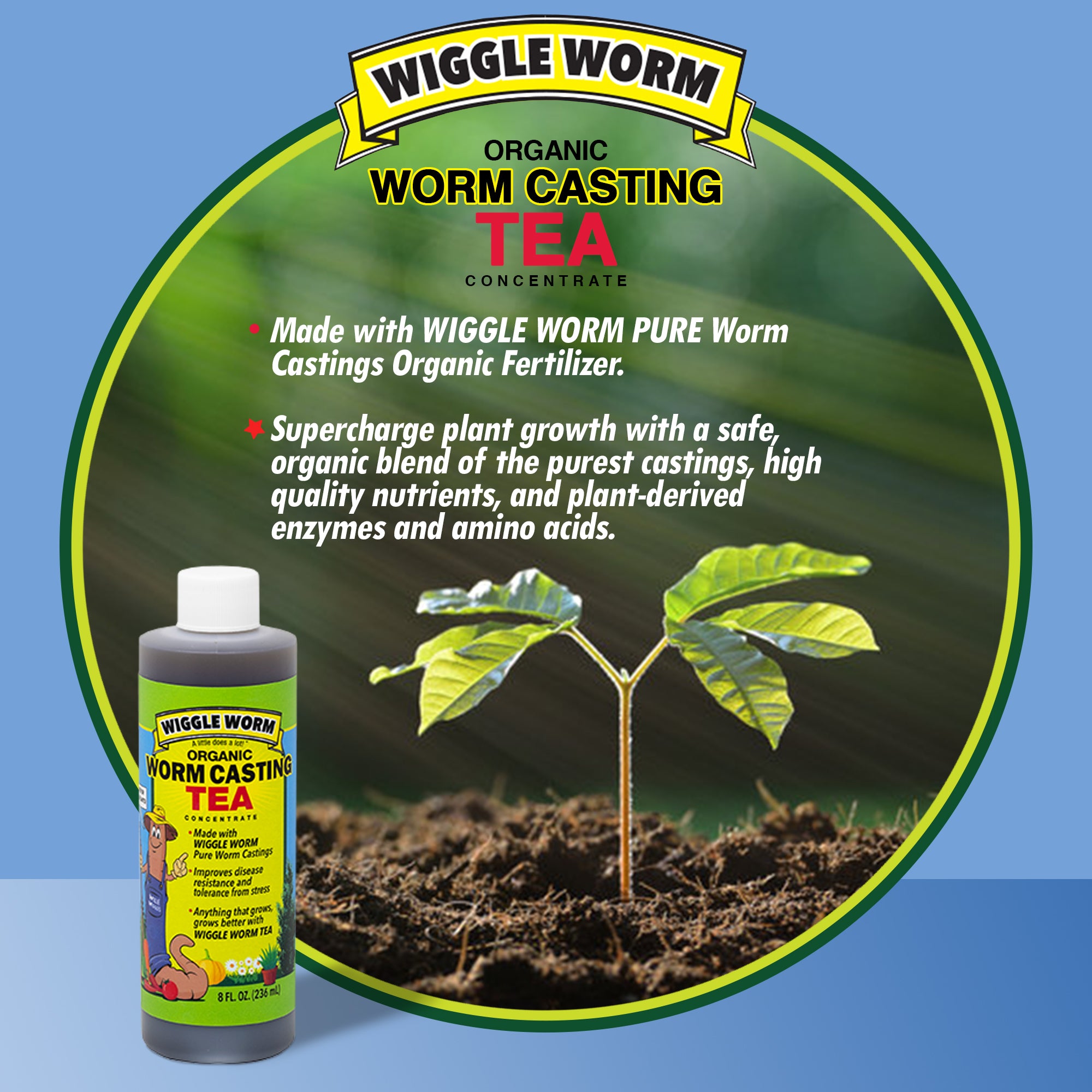 WIGGLE WORM Soil Builder Earthworm Castings Organic Fertilizer (15 lb) and WIGGLE WORM Castings Tea (8 Oz)