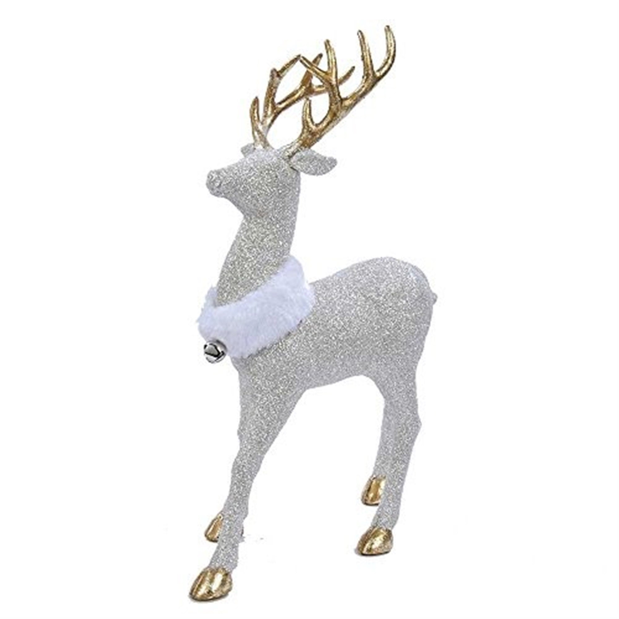 Kurt Adler Champagne and Gold Glitter Deer with White Faux Fur Collar, 13-Inch