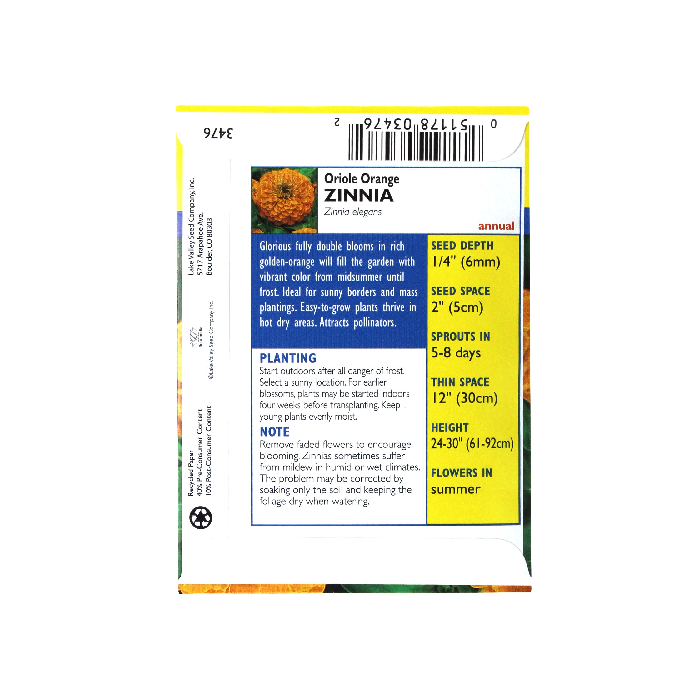 Lake Valley Seed Zinnia Oriole Orange Heirloom Flower, 0.75g