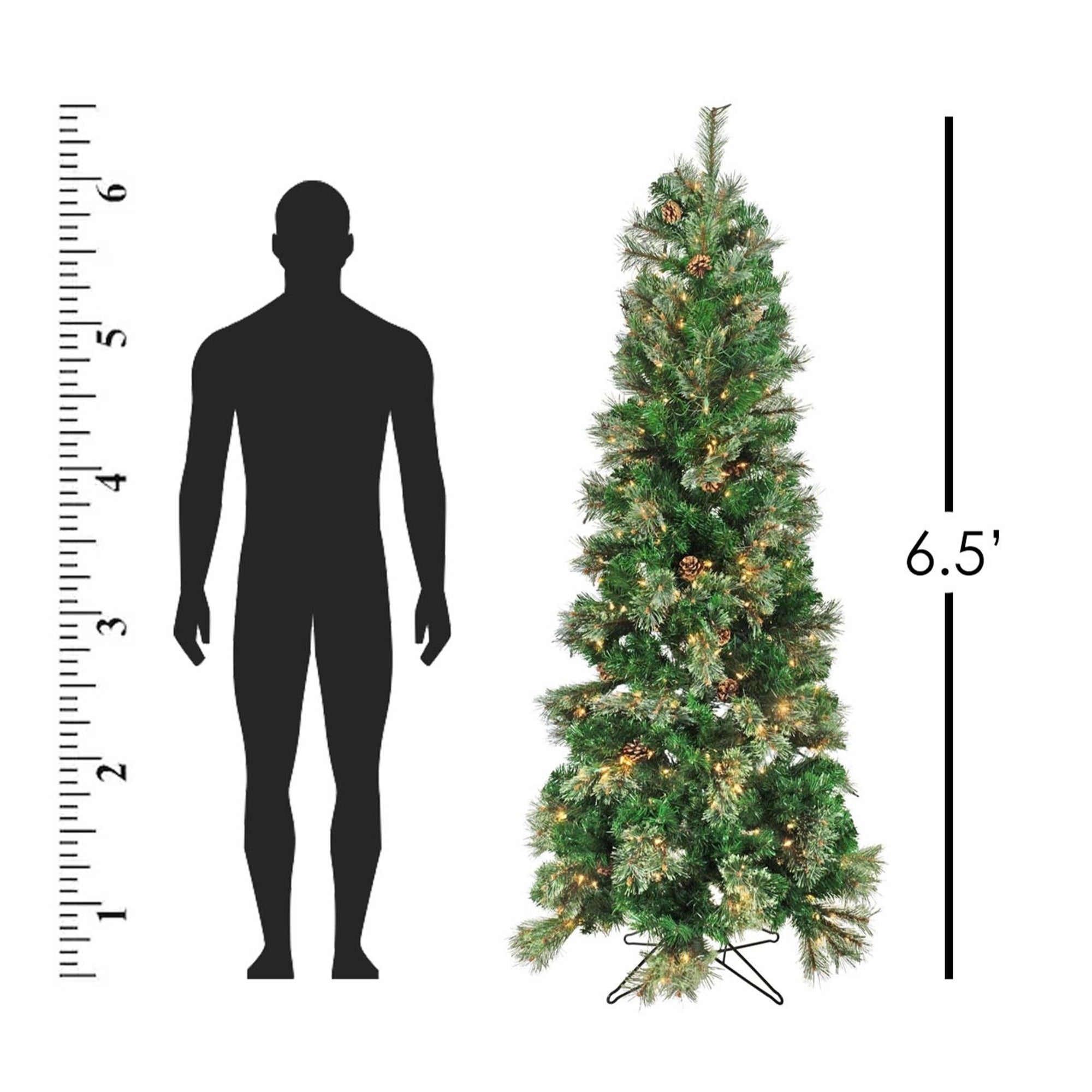 Garden Elements Pre-Lit Artificial Pencil Fir Christmas Tree with Pine Cones, 654 Tips, 350 Clear Lights, 6.5 ft