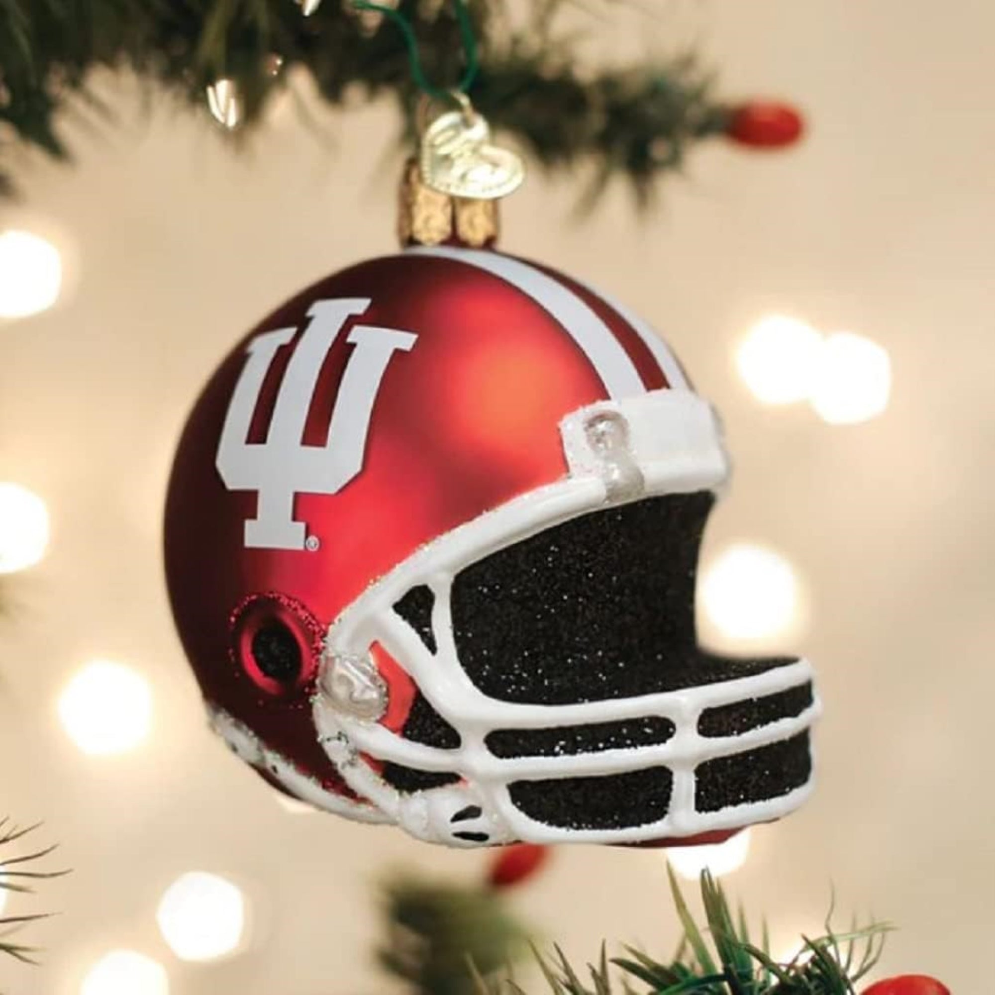 Old World Christmas Indiana Football Helmet Glass Blown Ornament for Christmas Tree, Red