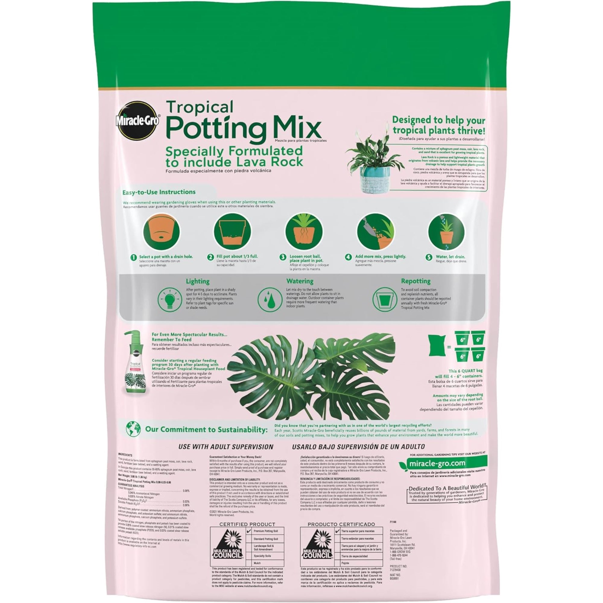 Miracle-Gro Tropical Potting Mix, Growing Media for Indoor/Outdoor Plants, 6 Quarts