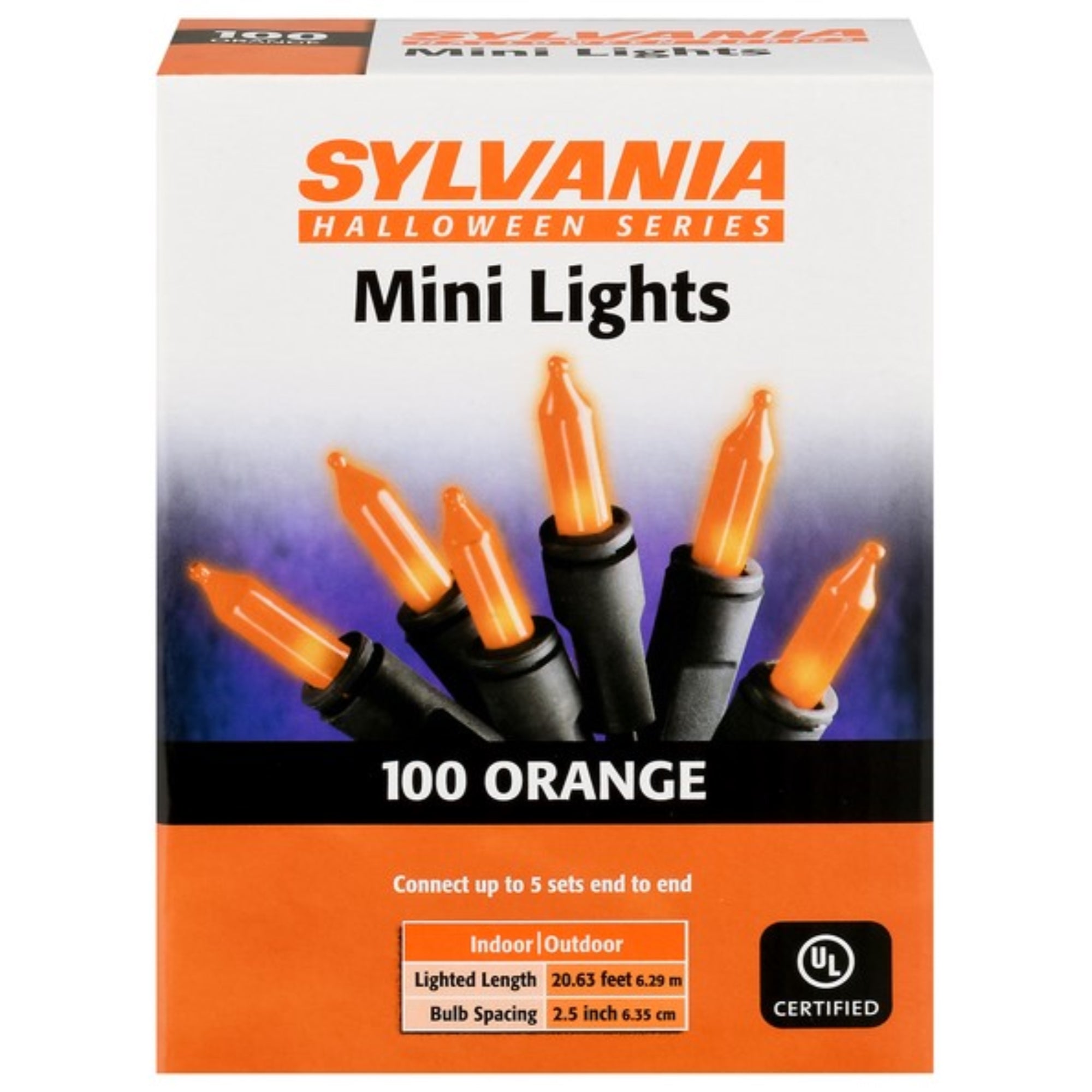 Sylvania Indoor Outdoor Halloween String Lights, 100 Orange Mini Bulbs, Black Wire, 20.5' Lighted Length