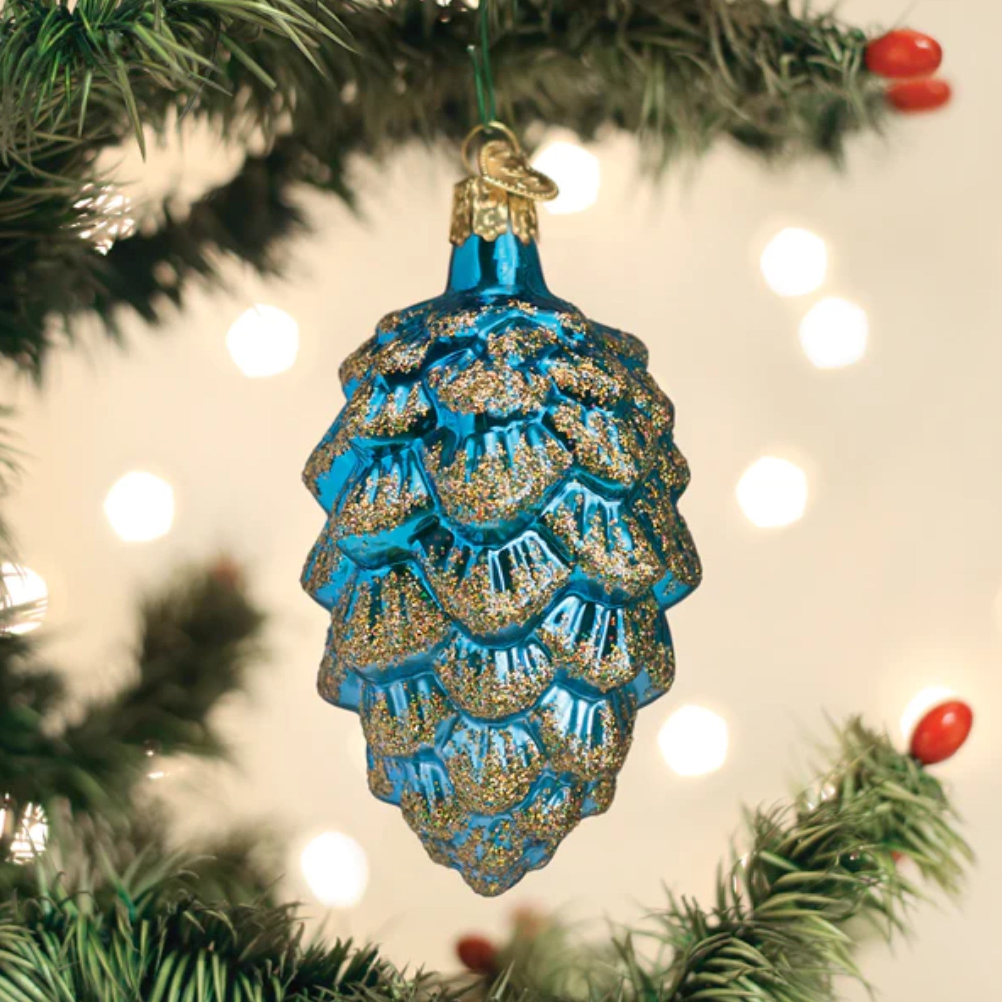 Old World Christmas Glass Blown Ponderosa Pine Cone Blue, 4"