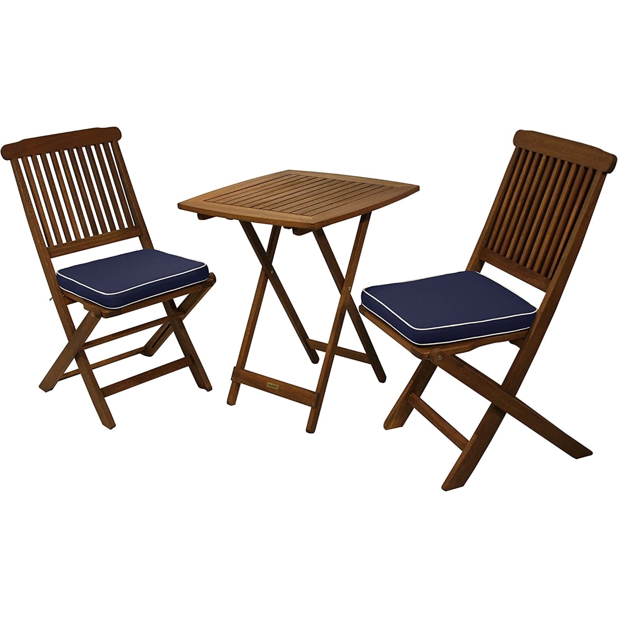 Outdoor Interiors Eucalyptus Wood 3-Piece Square Foldable Bistro Outdoor Furniture Patio Set, Table and 2 Chairs with Cushions