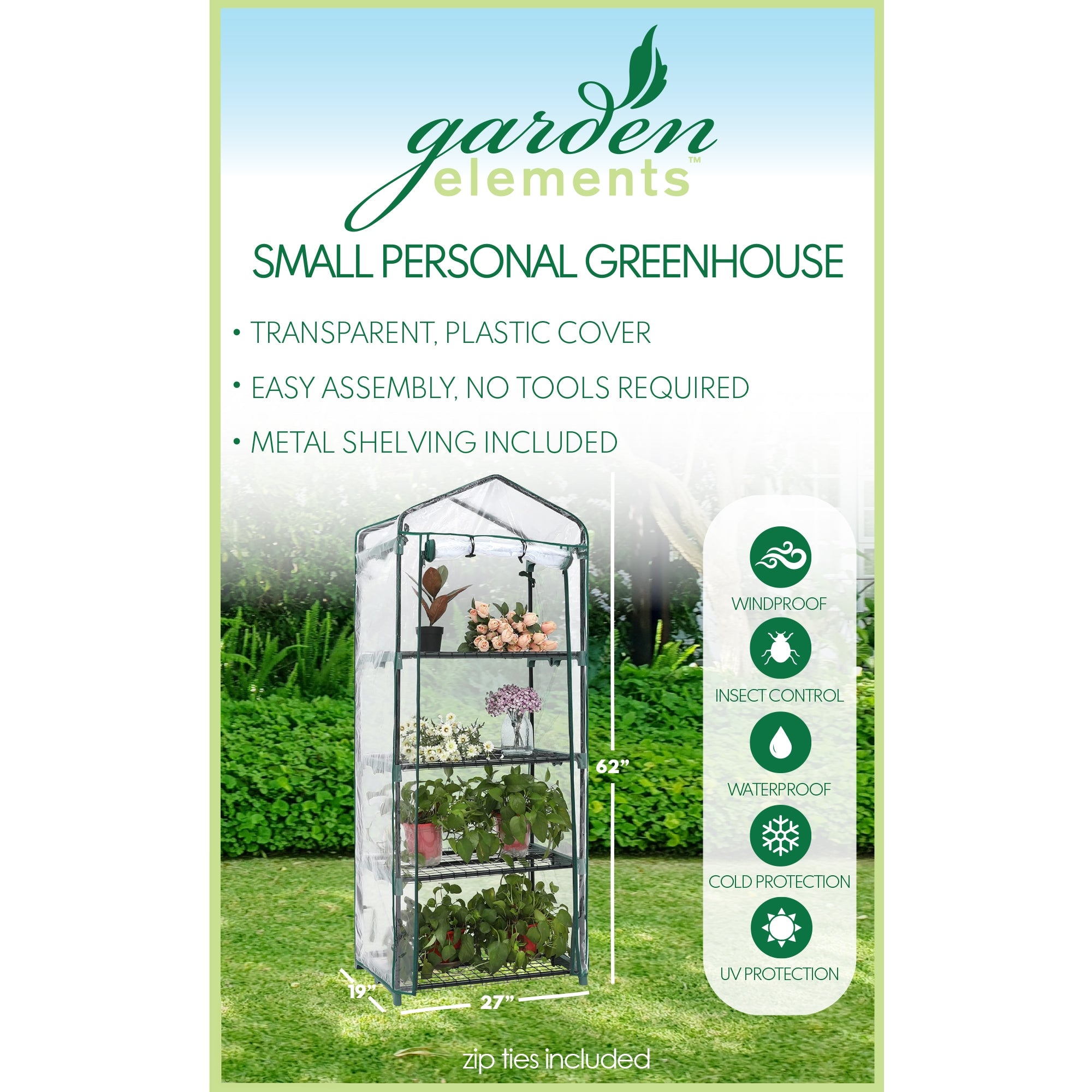 Garden Elements Personal Plastic Indoor Standing Greenhouse For Seed Starting and Propagation, Frost Protection, Clear, Small, 27" x 19" x 62"