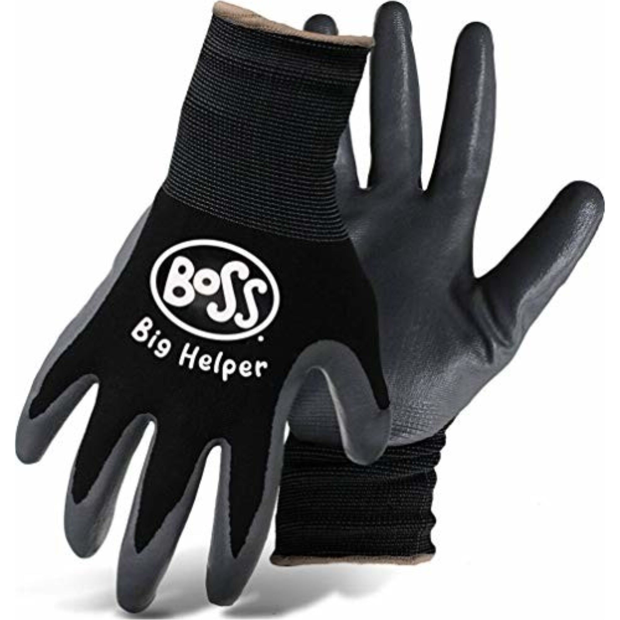 Boss Kids Big Helper Nylon Gloves with a Nitrile Coated Palm, Abrasion Resistant, Black
