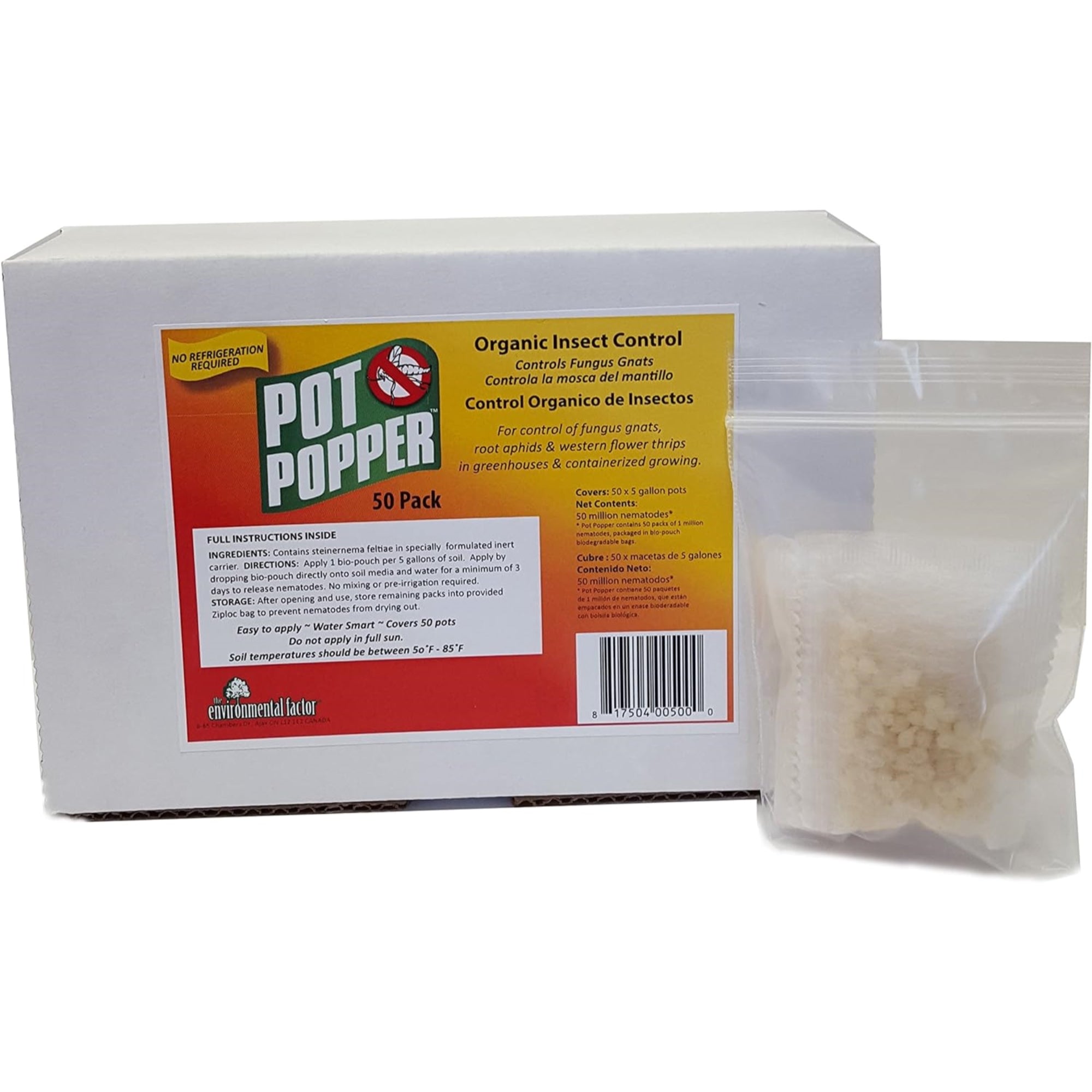 The Environmental Factor Pot Popper Organic Insect Control, Controls Fungus Gnats, Million Beneficial Nematodes (S.Feltiae) Pot Popper Gnat & Thrip Control (50 Pouches per Pack)